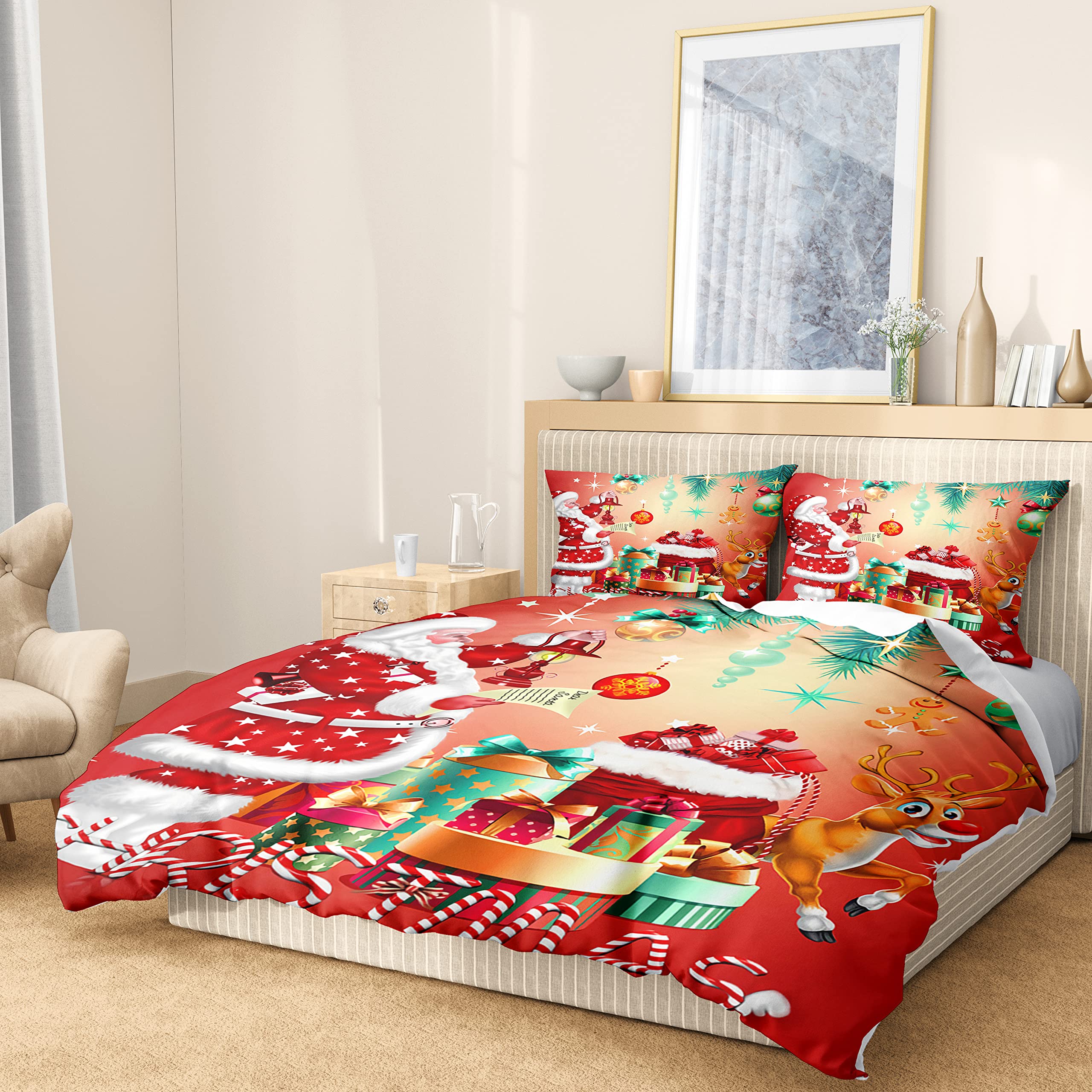 AVJWWD Set di biancheria da letto natalizia,Microfibra Copripiumino con Babbo Natale e alce motivo,decorazione natalizia, set regalo per ragazzi e ragazze (Regalo di Natale, 220 x 240 cm)