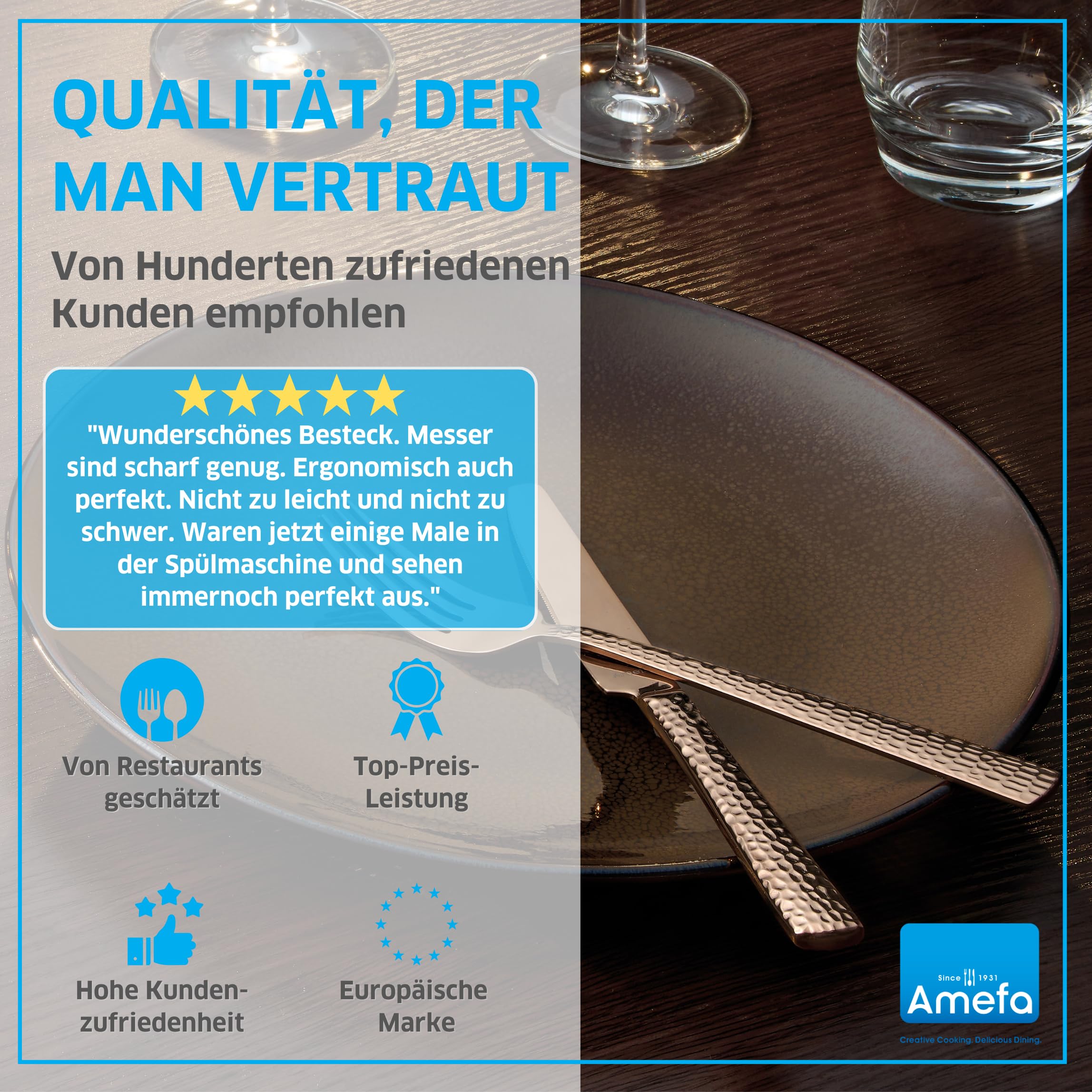 Amefa FELICITY Besteckset 30-teilig Edelstahl, Hochwertiges Besteck Set für 6 Personen, Gehämmert, Essbesteck im Hammerschlag-Design, Edelstahlbesteck