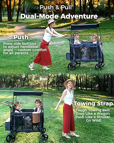 Miniatura 2 de Cochecito de vagón para 2 niños con paquete de aperitivos aislado plegable todo terreno, arnés de 5 puntos y toldo organizador para padres, mango