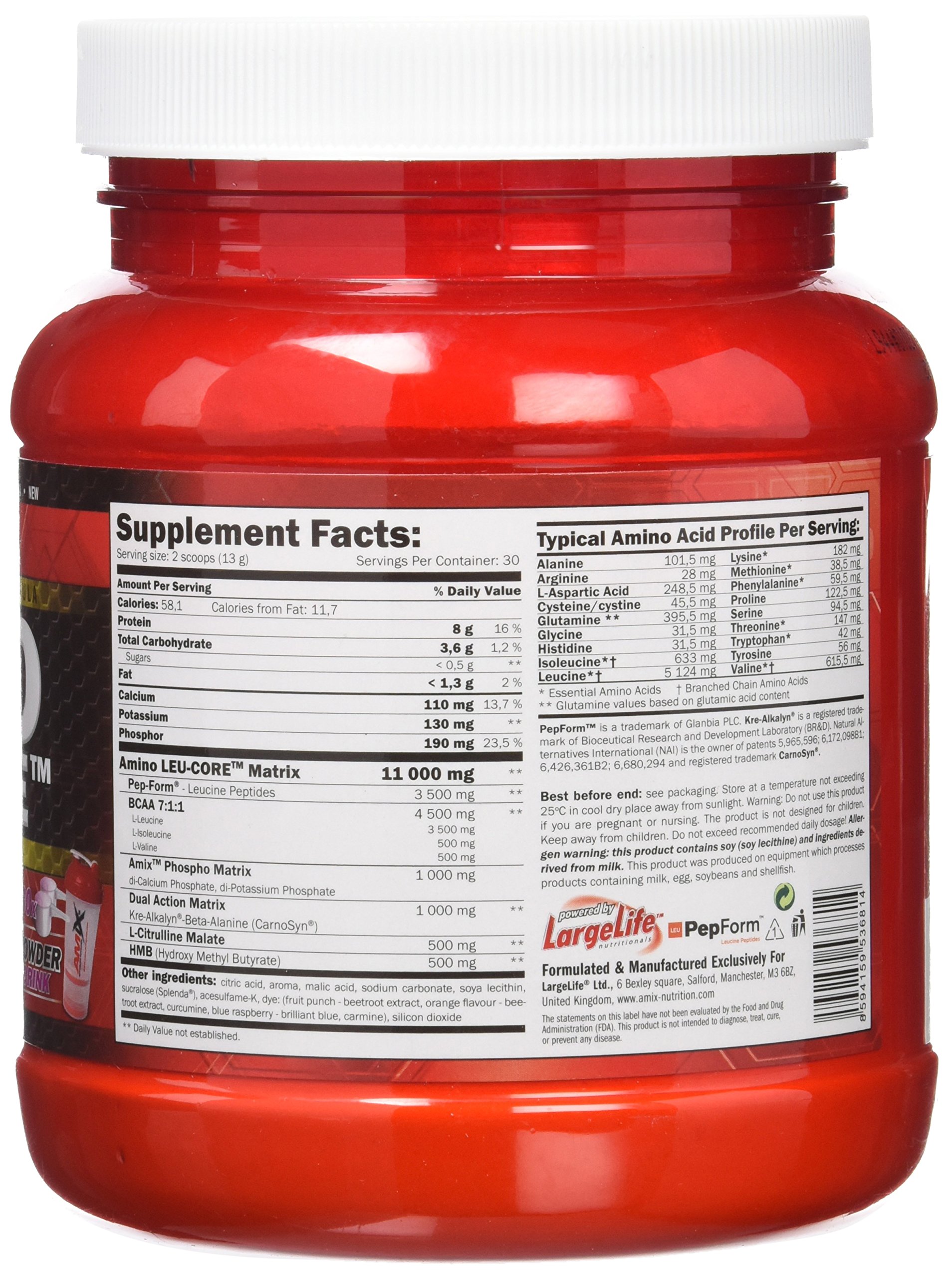 AMIX - Suplemento Alimenticio Amino LeuCore - Aminoácidos Ramificados en Polvo 390 g - Facilita la Recuperación Muscular - Estimula la Síntesis de Proteína - Sabor Arándanos