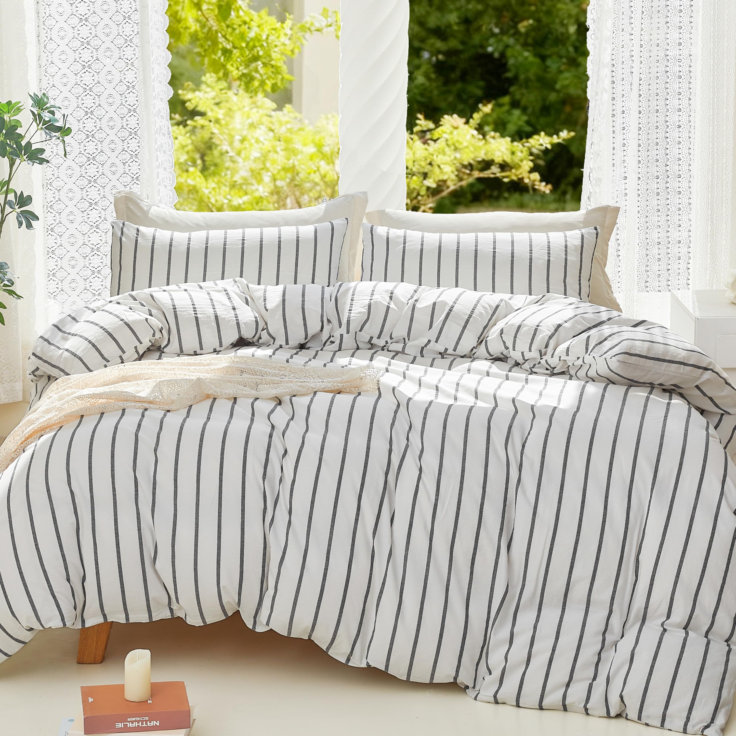 DONEUS Washed Cotton Striped Duvet Cover Set Queen