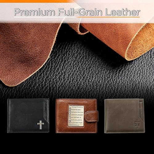 Miniatura 10 de Christian Art Gifts Carteras de cuero genuino de grano completo con bloqueo RFID para hombres, diseños plegables y triples, muchas ranuras para