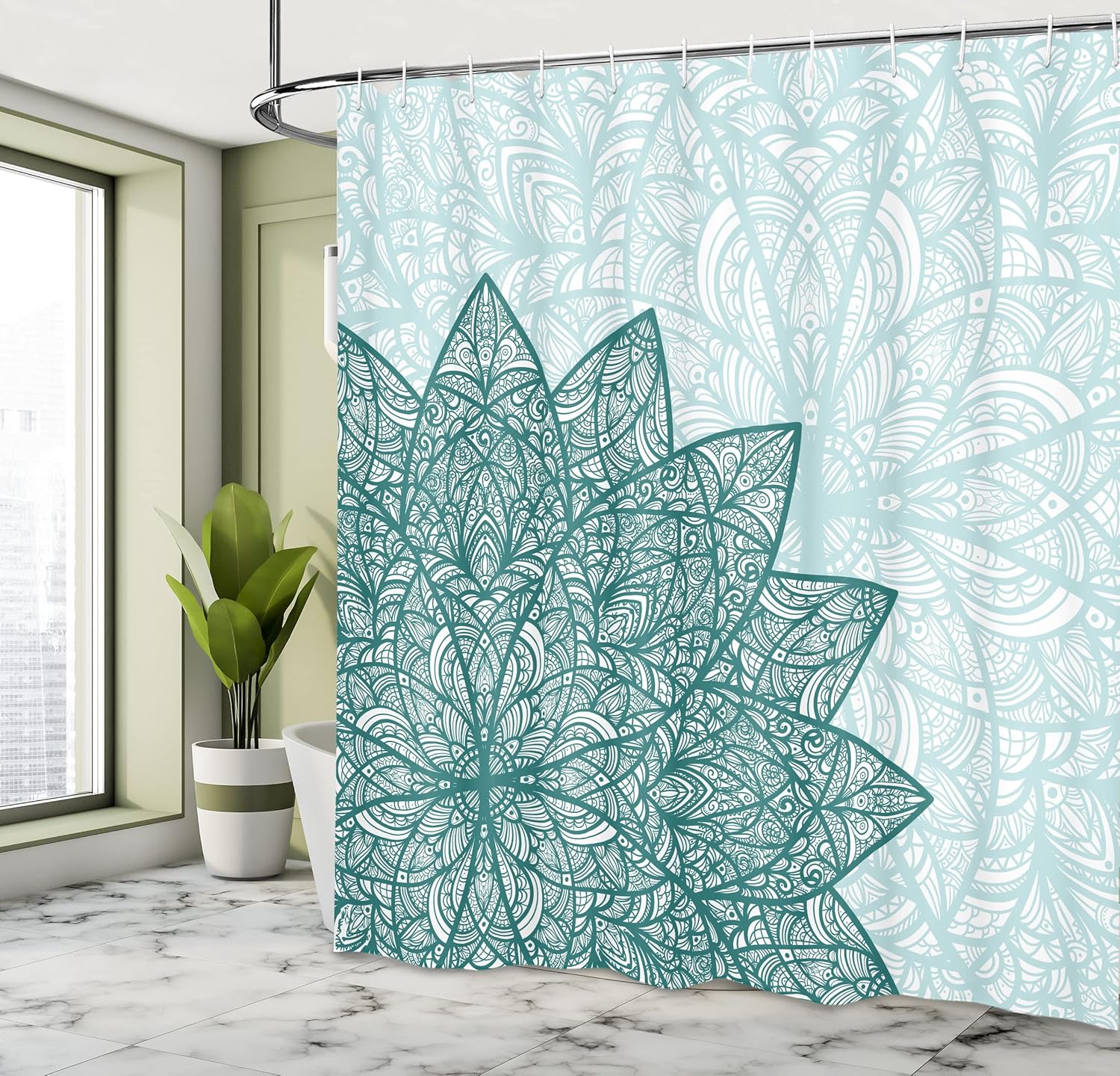 Ambesonne Ethnic Shower Curtain, Classic Mandala Lines and Leafy Details of Bohemian Flowery Trippy Concept Botany, Cloth Fabric Bathroom Decor Set with Hooks, 69" W x 70" L, Jade Green
