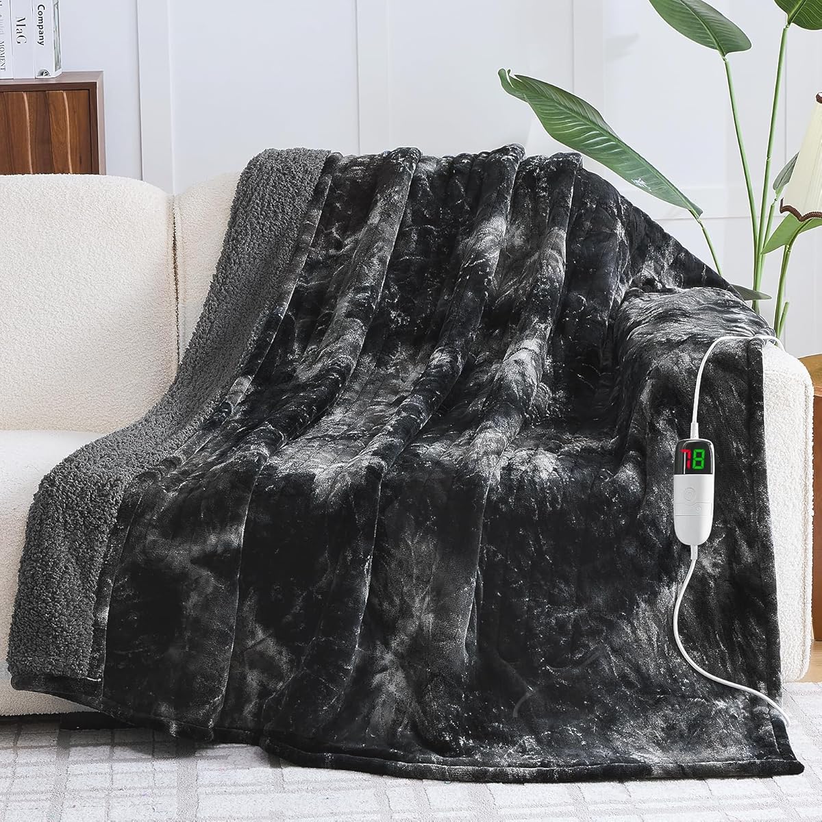 greenoak Heated Electric Blanket Throw, Faux Fur Sherpa Heating Blanket for Sofa Bed, Warm Winter Gifts for Women/Men, Heater Lap Blankets 5-Position Timer &10 Heating Levels 50''*60" Black
