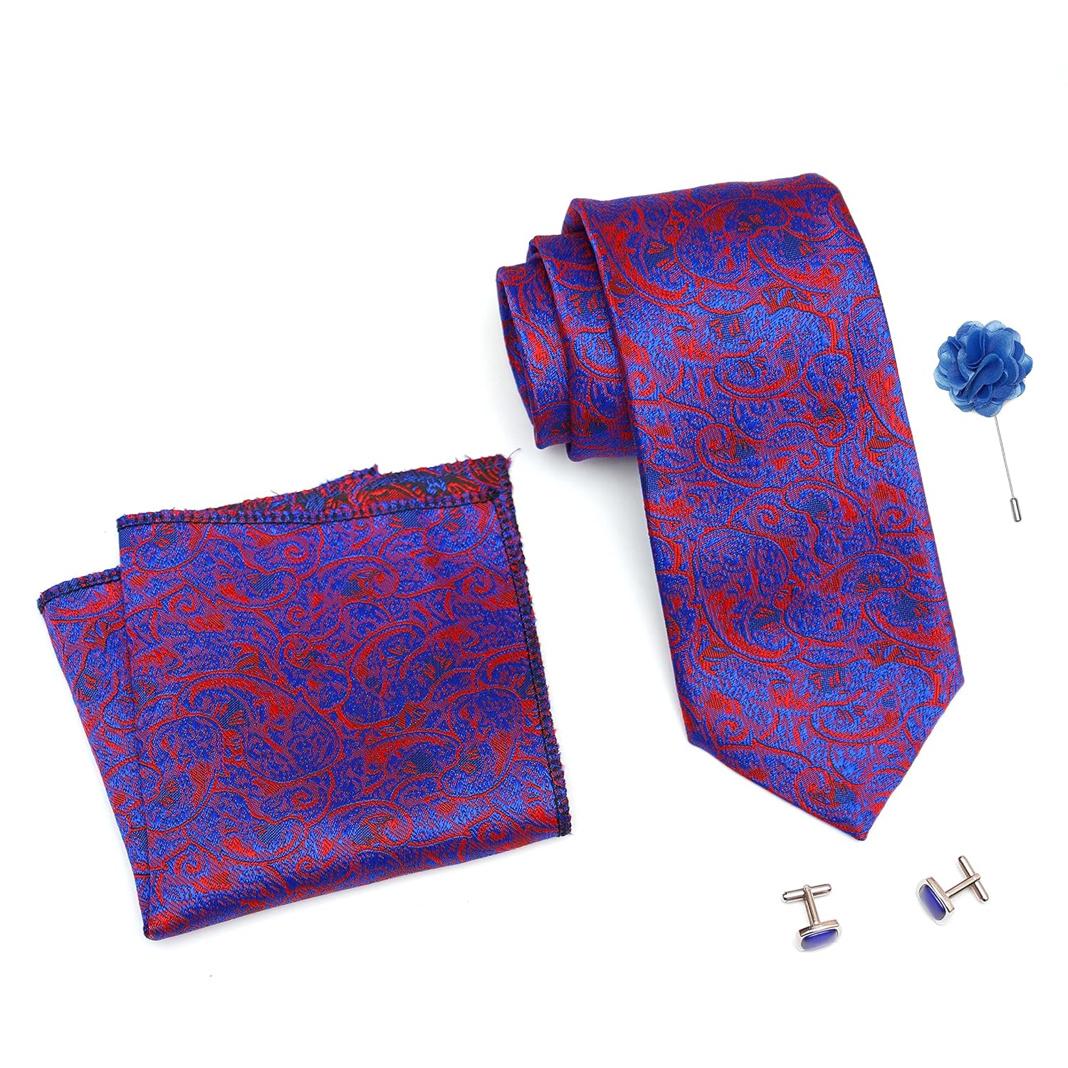 RIZORO Mens Plaid Pasiley Silk Necktie Gift Set With Pocket Square Cufflinks & Brooch Pin Formal Tie With Leatherite Box (PARRX Free Size) | (Leather Gift Box) (Pack of 4) RIZORO Mens Plaid Pasiley Silk Necktie Gift Set With Pocket Square Cufflinks & Brooch Pin Formal Tie With Leatherite Box (PARRX Free Size) | (Leather Gift Box) (Pack of 4)