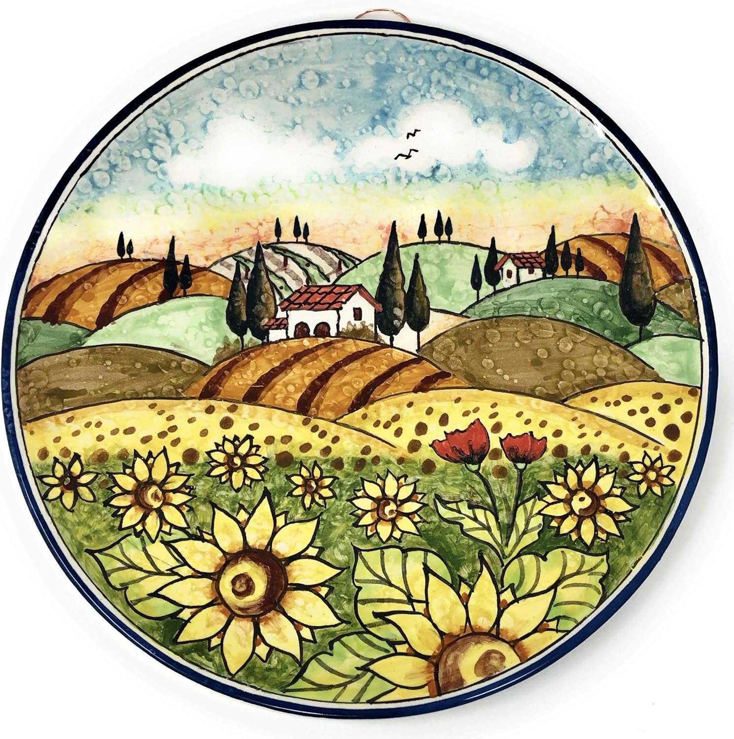 CERAMICHE D'ARTE PARRINI - Italian Ceramic Art Pottery Plate Flat Dish Hand Painted Decorated Sunflowers Landscape Made in Italy Tuscan
