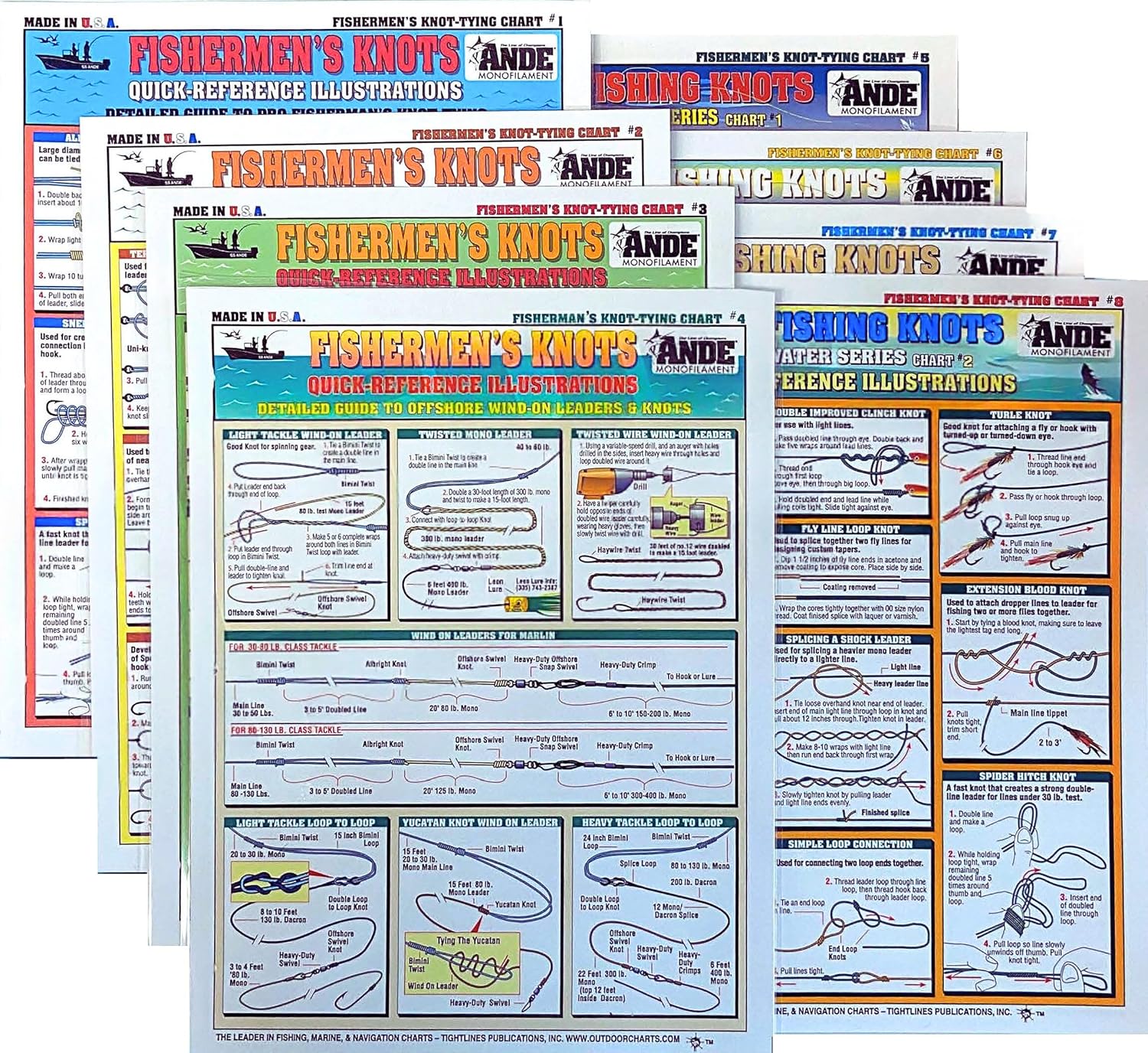 Fishing Knot Tying Chart Set #1-8 - Waterproof Quick Reference Guide to Essential Fishing Knots - (Freshwater, Saltwater, and Fly Knots) - Double-Sided & Easy to Read - Great Gift for Beginners