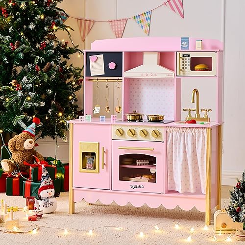 Miniatura 7 de Cocina de juego para niños, moderno juego de cocina para niños pequeños con luces y sonidos, juego de cocina de juguete de madera con 25 accesorios,