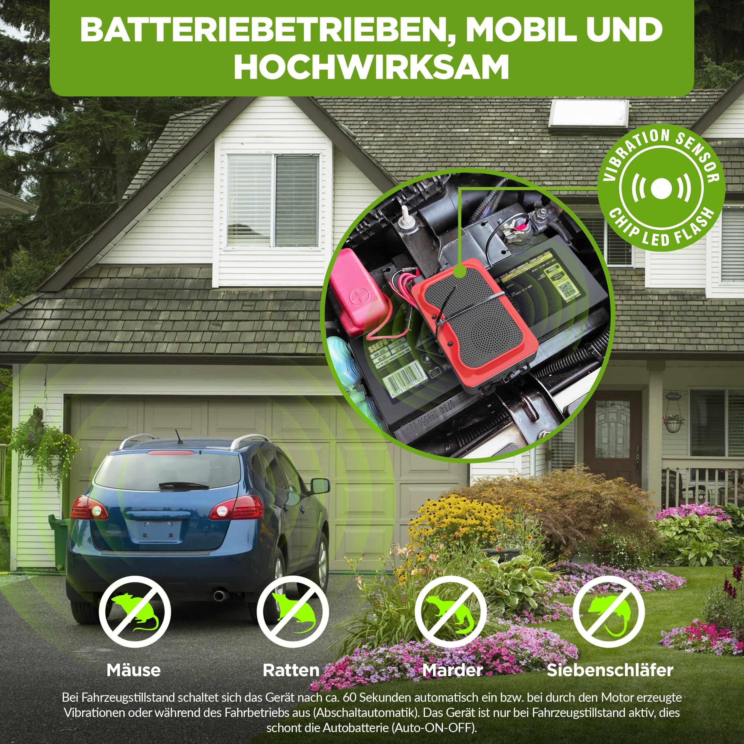 ISOTRONIC Marderschreck mit LED-Blitzlicht & Ultraschall – Batteriebetriebene Marderabwehr für Auto, Dachboden, Garage & Haus – Marderschutz gegen Marder, Mäuse, Ratten & Siebenschläfer (2 Stück)