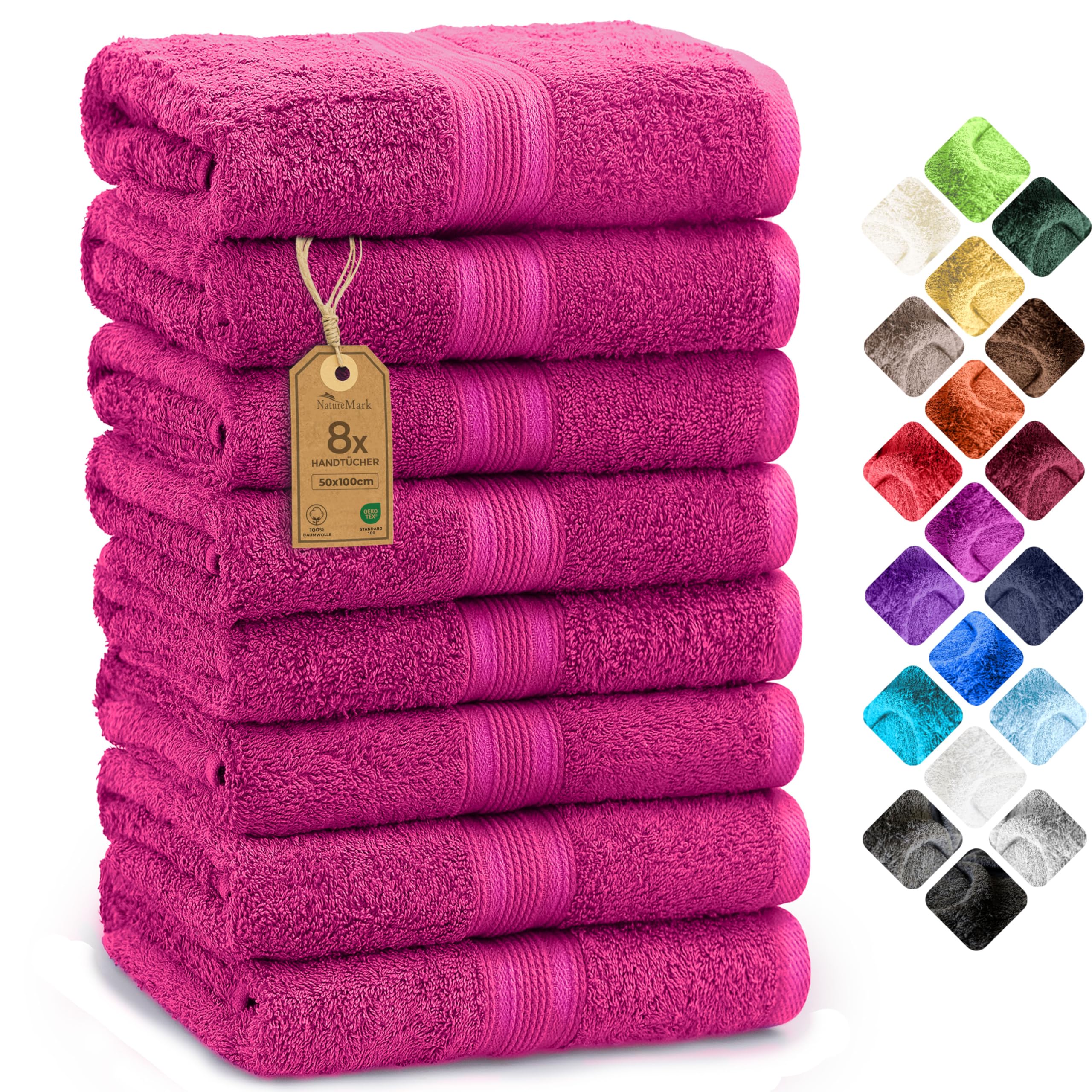 NatureMark 8 Handtücher Set - 100% Baumwolle - Saugfähige und langlebige Handtücher, Größe 50×100 cm, Pink