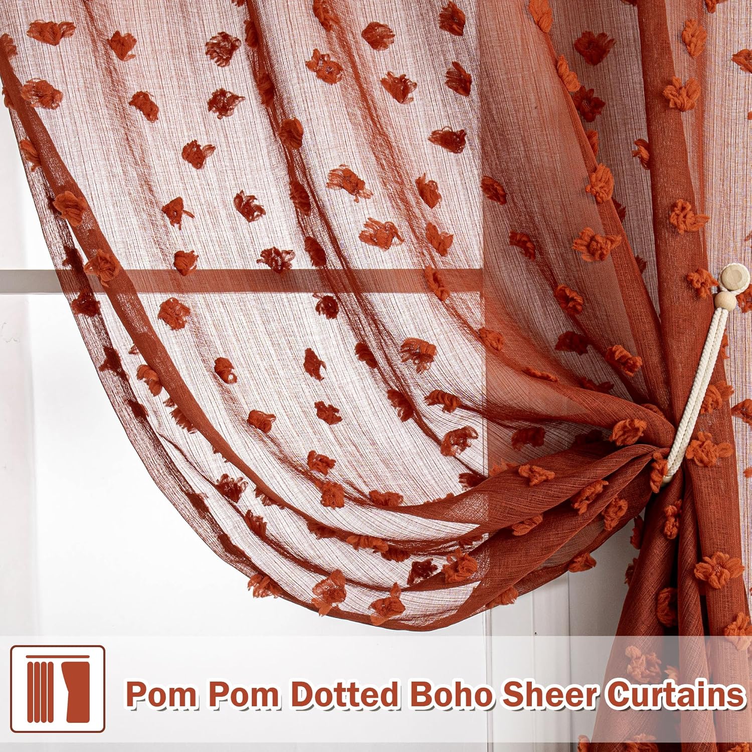 MYSKY HOME Terracotta Boho Sheer Curtains — with Pom Poms 84 Inches Long Burnt Orange Rust Colored Rustic Farmhouse Bohemian Drapes for Bedroom Living Room Window, Rod Pocket, 52" Wide, 2 Panels