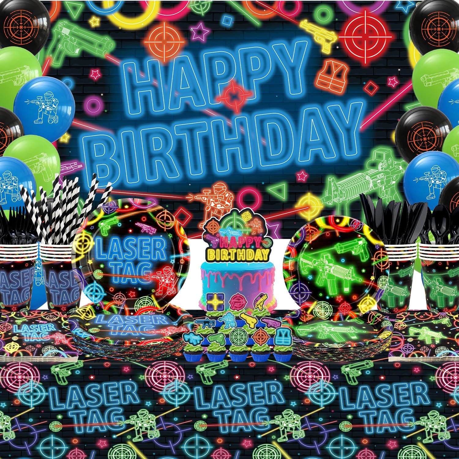 Laser Tag Party Decorations, Laser Tag Party Supplies, Plates Cups Napkins Tablecloth Neon Glow theme Backdrop Balloon Cake Toppers for Shooting Game Neon Glow Party Supplies, Serves 20