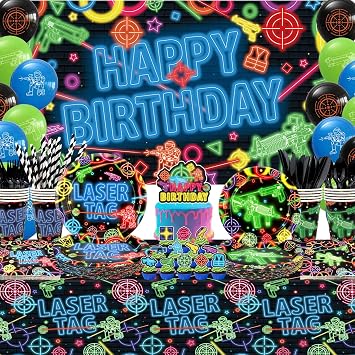 Laser Tag Party Decorations, Laser Tag Party Supplies, Plates Cups Napkins Tablecloth Neon Glow theme Backdrop Balloon Cake Toppers for Shooting Game Neon Glow Party Supplies, Serves 20
