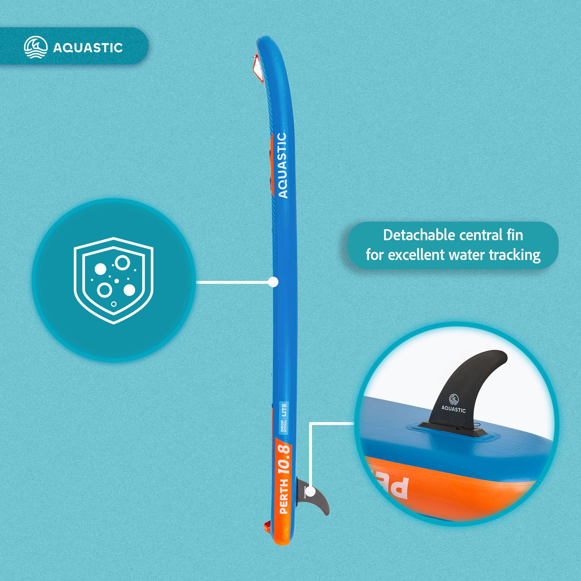 AQUASTIC Perth aufblasbares SUP-Board 10'8" bis 150 kg | 325 × 78 × 15 cm, 320 l, mit EVA-Deck, Drop-Stitch-Lite, Sitz-D-Ringen und Zubehörset für ruhige Gewässer