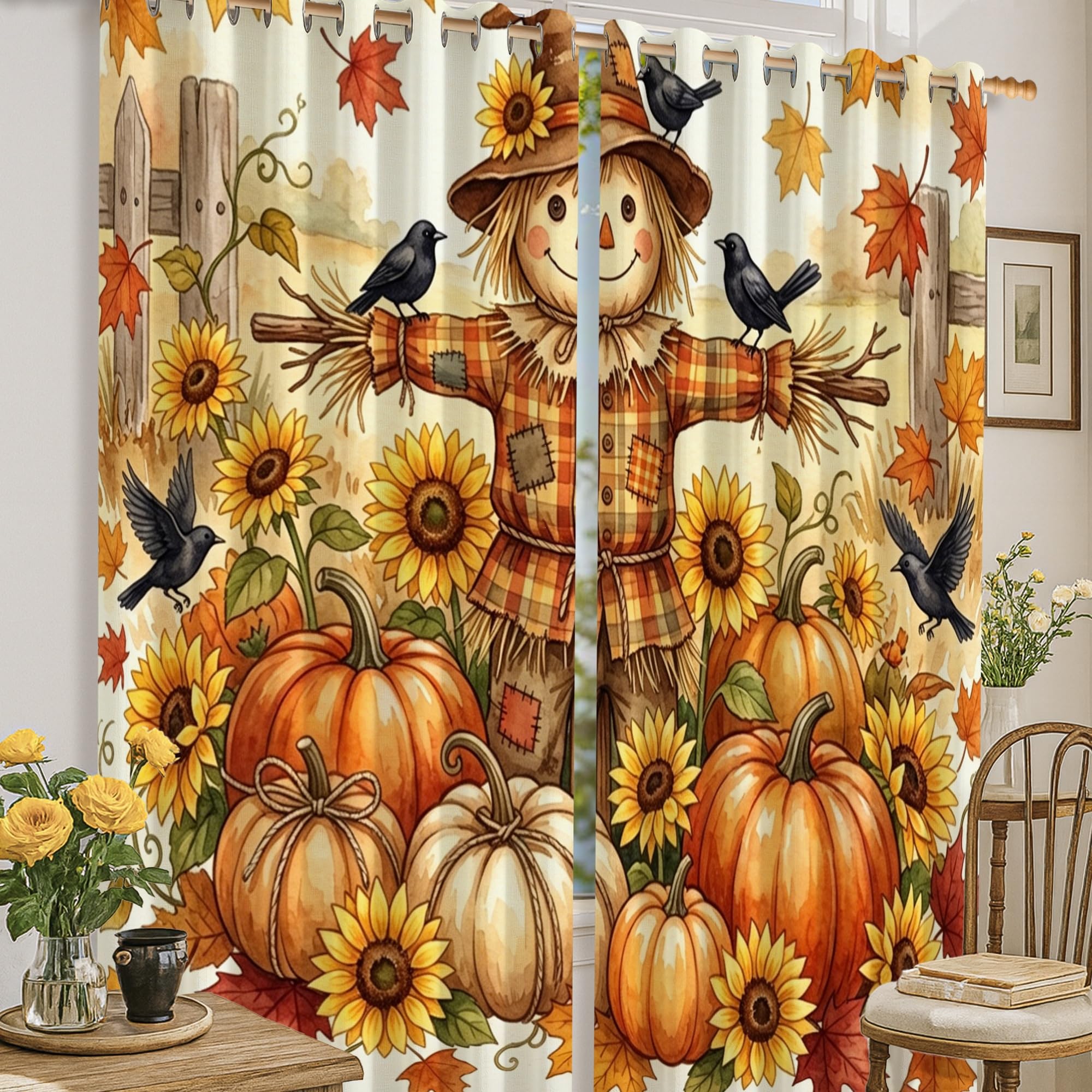 Rideaux occultants orange 132x160 cm à motif citrouilles et tournesols pour salon