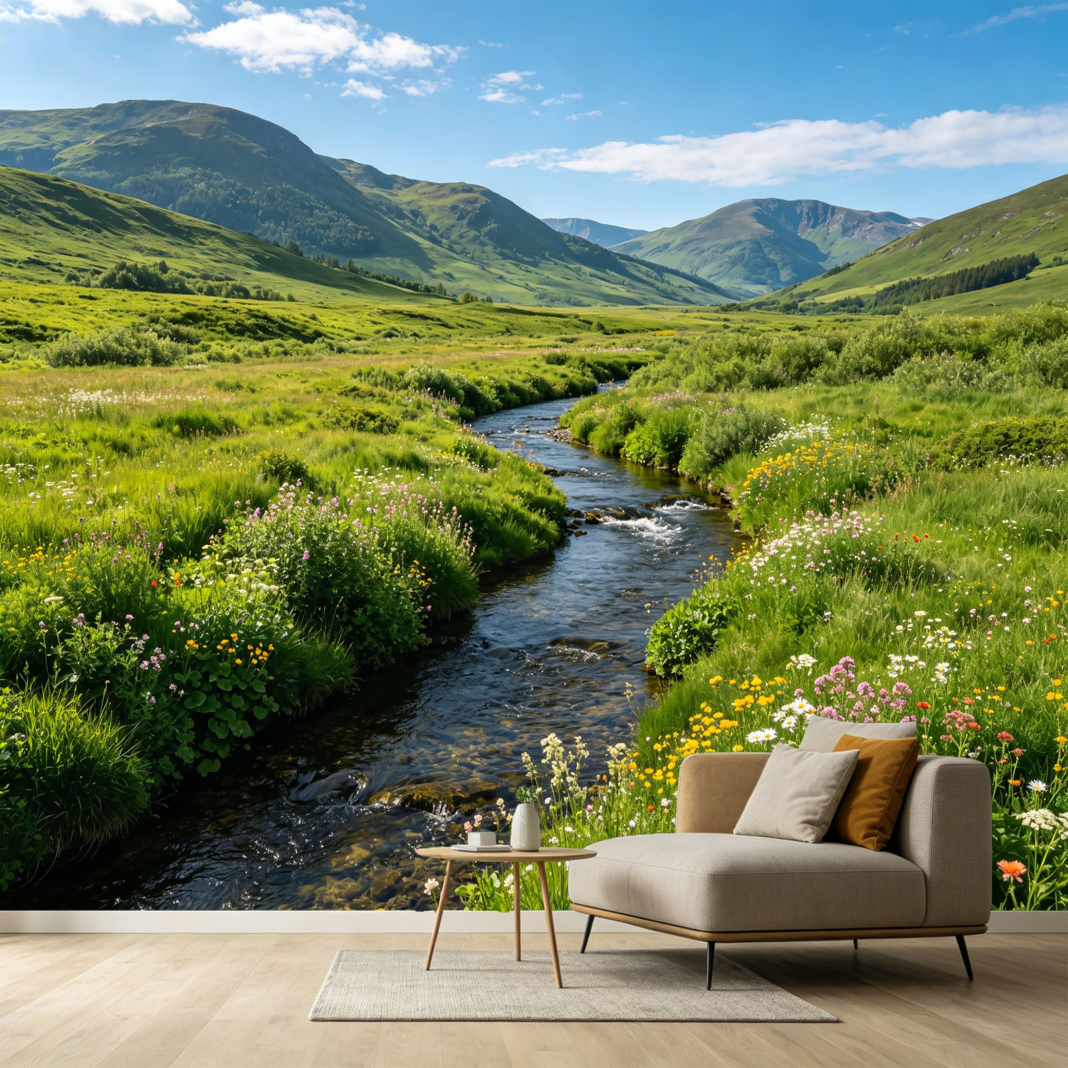 Custom Size Wall Murals Mountain Landscape River Wildflowers Meadow Nature Scenic View SelfAdhesive Wall Fabric Removable Large Wallpaper for Photo Living Room