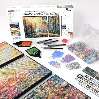ArtSkills Diamond Painting Kit, Diamond Art on Framed Canvas with Gem Storage Case and Accessory Kit, Forest, 3 Stretched Canvas Panels, 14” x 7” Each