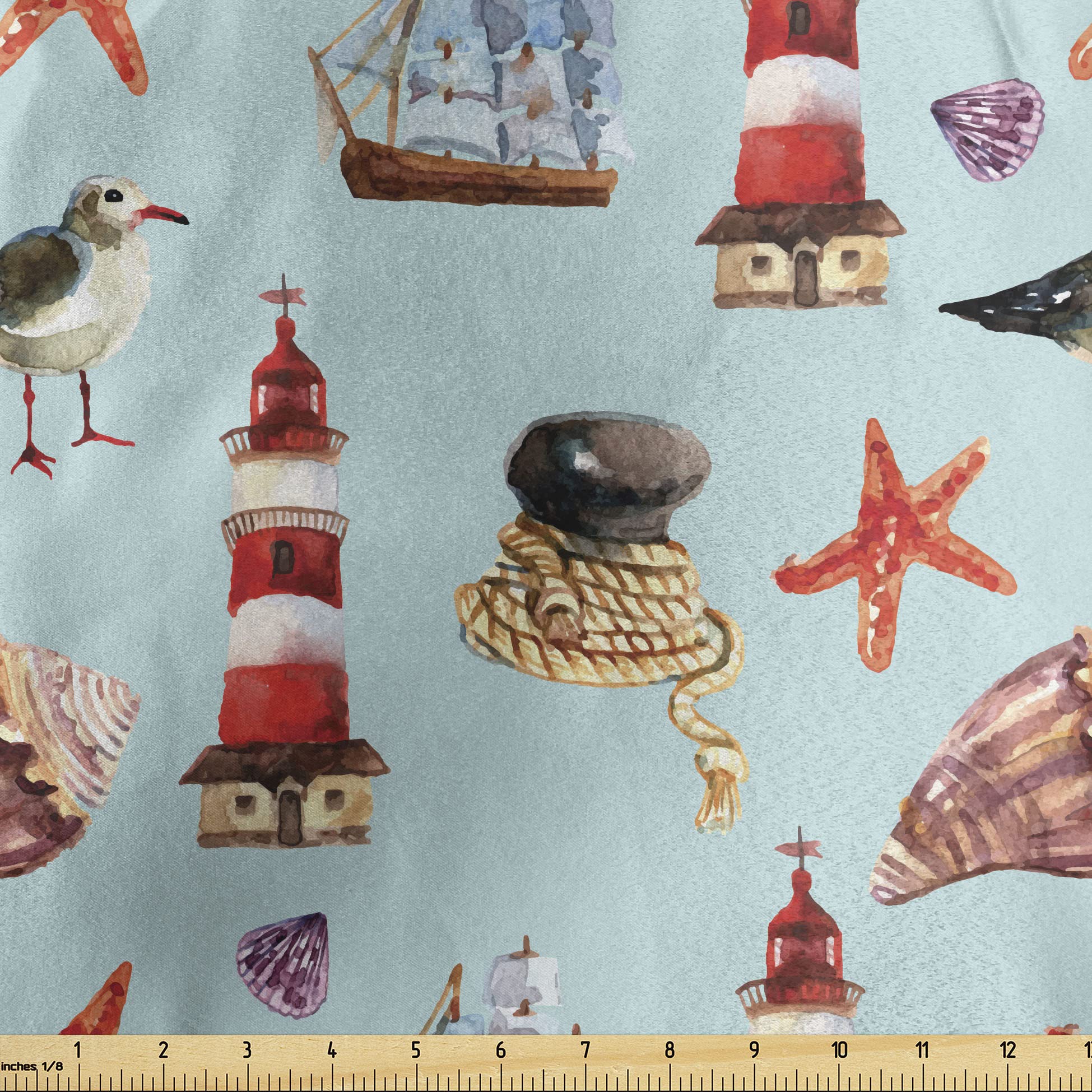 Lunarable Seagulls Fabric by The Yard, Nautical Pattern with Sail Starfish Shell Lighthouse Sailer Marine, Decorative Satin Fabric for Home Textiles and Crafts, 5 Yards, Blue Ivory