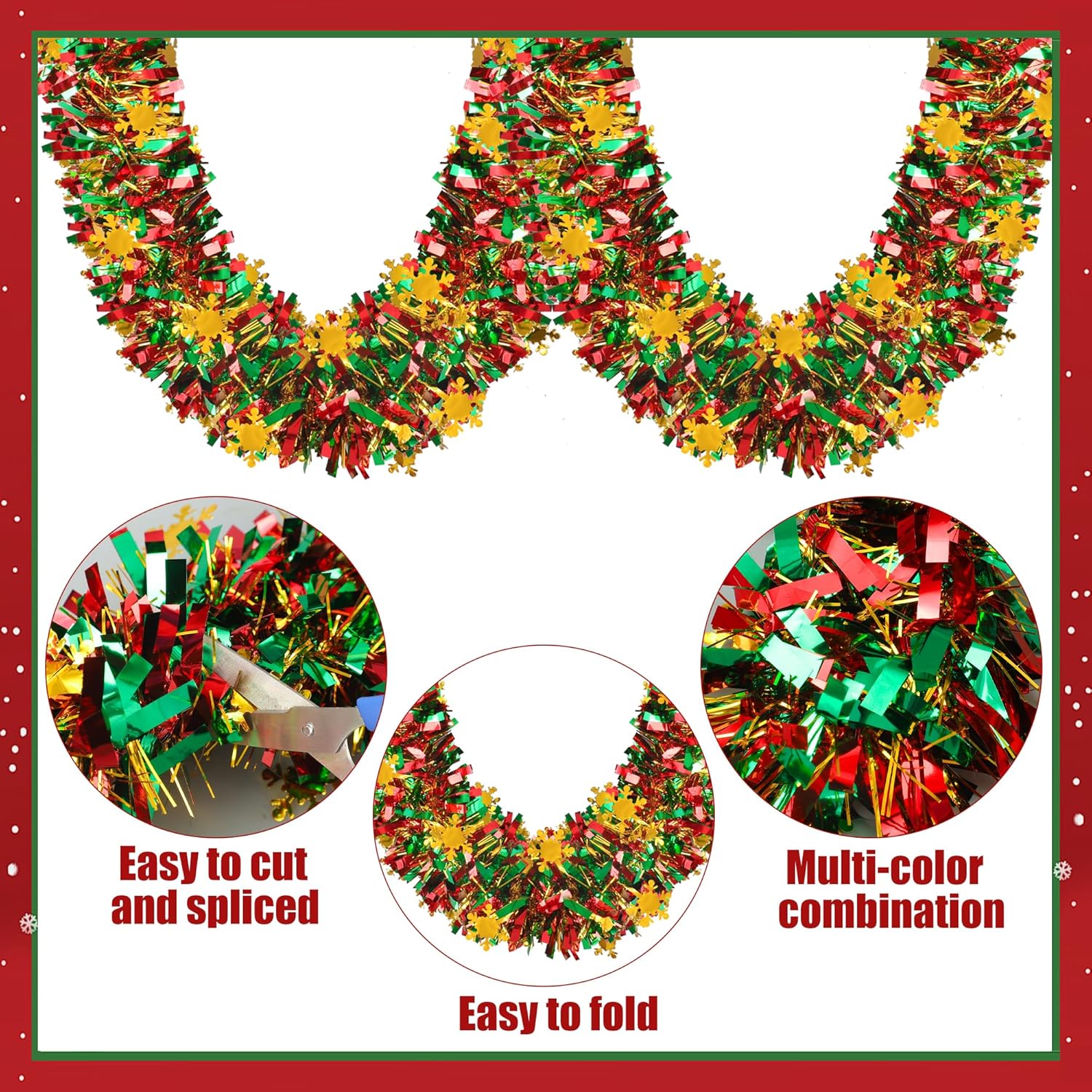 39.3ft Christmas Snowflake Tinsel Garland Green Red Gold Metallic Tinsel Twist Garland Xmas Glitter Ceiling Hanging Decorations for Christmas New Year Party Holiday Tree Home Indoor Outdoor Decor - Image 3