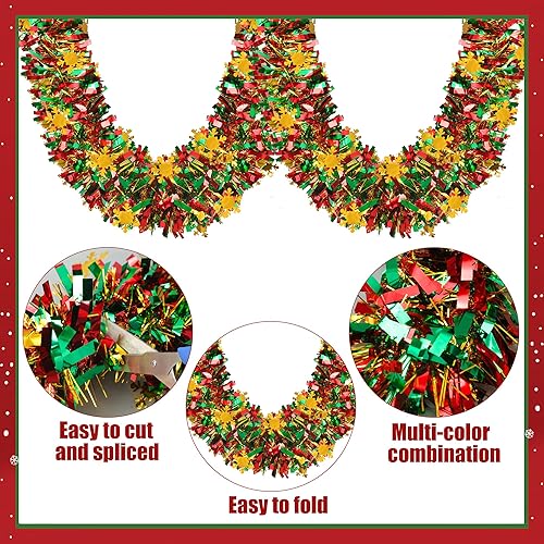 Miniatura 3 de Guirnalda de oropel de copo de nieve de Navidad de 39.3 pies, guirnalda de oropel metálico con purpurina de Navidad para colgar en el techo para