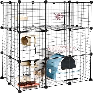 DIY Modular Cat Enclosure 3x3x2 Grid | Extra Large Indoor Cat Playpen | Foldable Black Wire Metal Cat Cage with Multi-Level Shelves | Approx. (43.7 x 29.5 x 43.3)