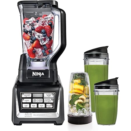 Ninja BL642 Nutri Ninja Personal & Countertop Blender with 1200W Auto-iQ Base, 72 oz. Pitcher, and 18, 24, & 32 oz. To-Go Cups with Spout Lids, For Smoothies, Shakes & More, Dishwasher Safe, Black