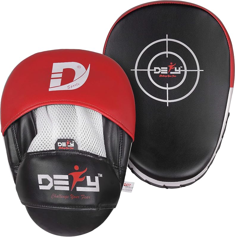 DEFY MMA Muay Thai Boxing Focus Mitts – Almohadillas de cuero de primera calidad para gancho y jab – Manoplas de enfoque curvadas para escudo de entrenamiento de golpe y patada (par)