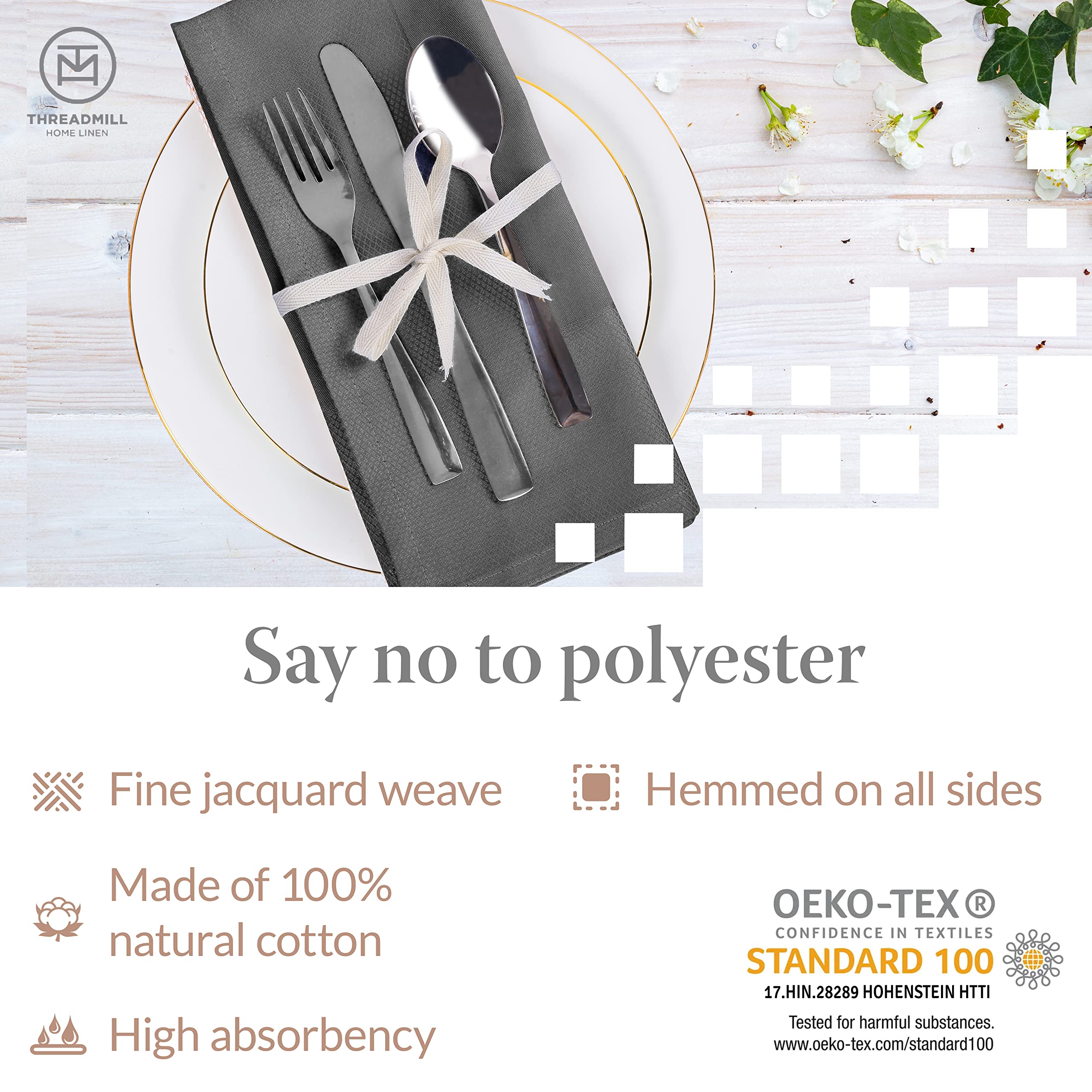 Threadmill Set di 12 tovaglioli in tessuto grigio scuro, in cotone, riutilizzabili, 50 x 50 cm, tovaglioli jacquard, lavabili, tovaglioli da pranzo, perfetti per matrimoni, feste, cocktail, autunno