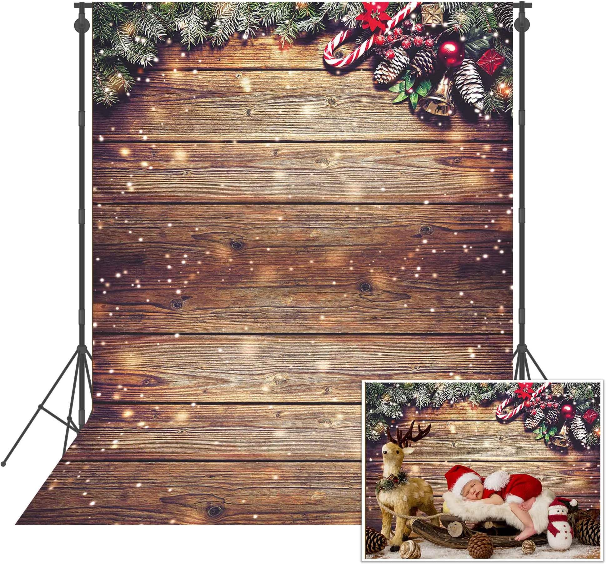 Msocio 6X8ft Durable Fabric Snowflake Glitter Christmas Rustic Wood Wall Photography Backdrop Xmas Wooden Floor Background for Christmas Birthday Party Kids Portrait Photo Studio Booth Props