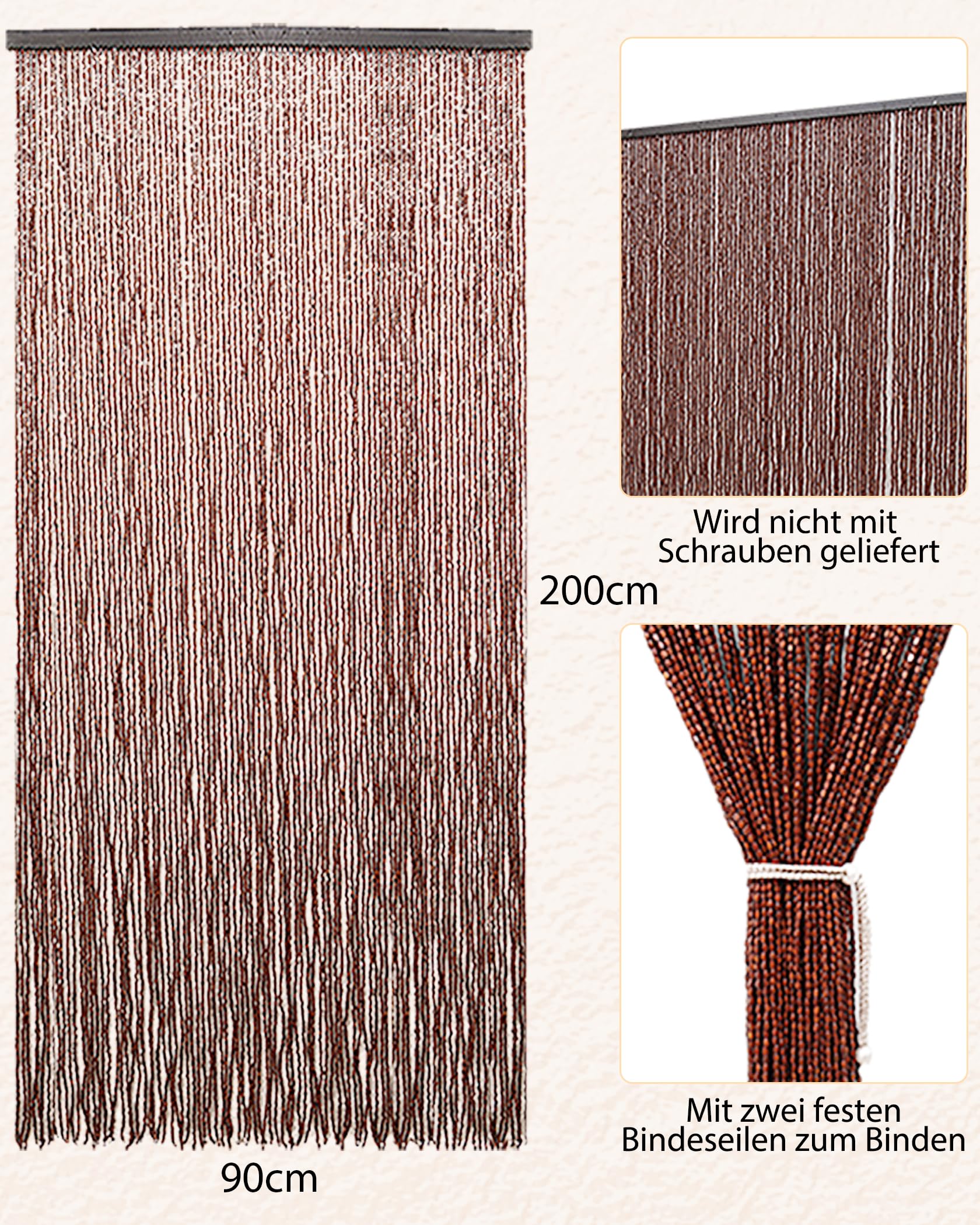 90x200cm Holz Perlenvorhang - 90 Stränge Braun Retro Holzperlenvorhang - Handarbeit Natur Türvorhang Fadenvorhang als Insektenschutz Fliegenschutz für Schlafzimmer Wohnwagen Camping