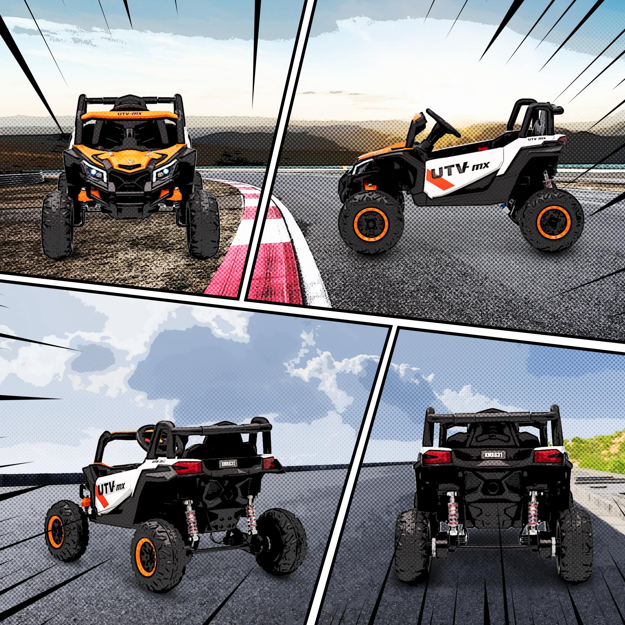 AIYAPLAY Kinder Elektroauto 12V mit 2,4 GHz Fernbedienung 2 Motor Orange | Kinderauto UTV, Kinderfahrzeug, Softstart, Federungssystem, LED-Leuchten, Musik, USB-Anschluss, Hupe, Für 3-5 Jahre