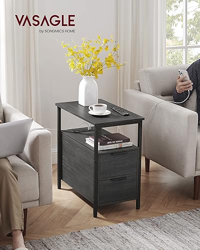 Miniatura 2 de VASAGLE Mesa auxiliar con estación de carga, mesita de noche delgada con 2 cajones, mesita de noche estrecha para sala de estar, espacios pequeños,