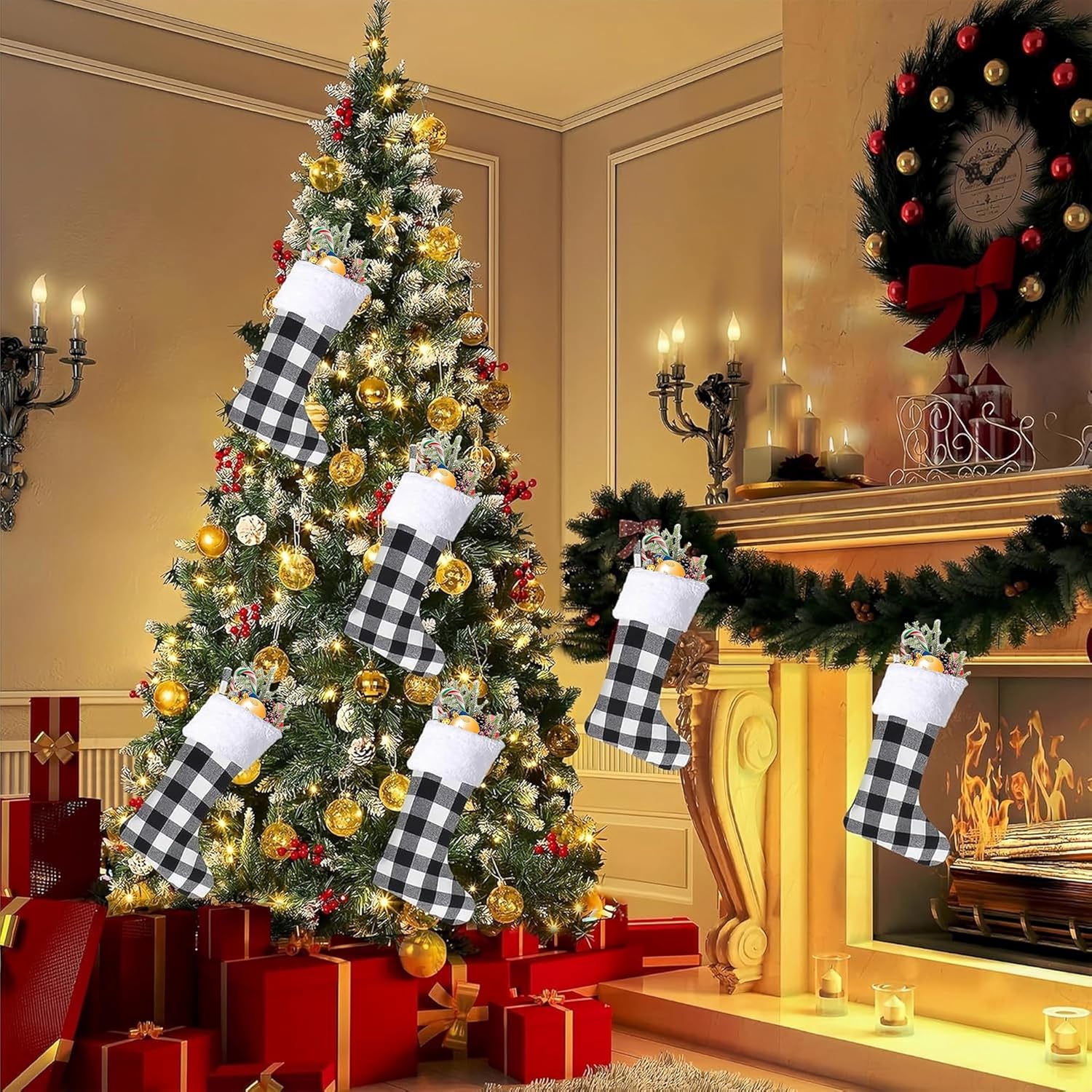 Christmas Stockings 8 Pack,Buffalo Plaid Christmas Stockings,20 Inch Classic Large White Black Plaid Christmas Stockings Decorations,Xmas Stockings Set of 8 Fireplace Family Holiday Party Decor