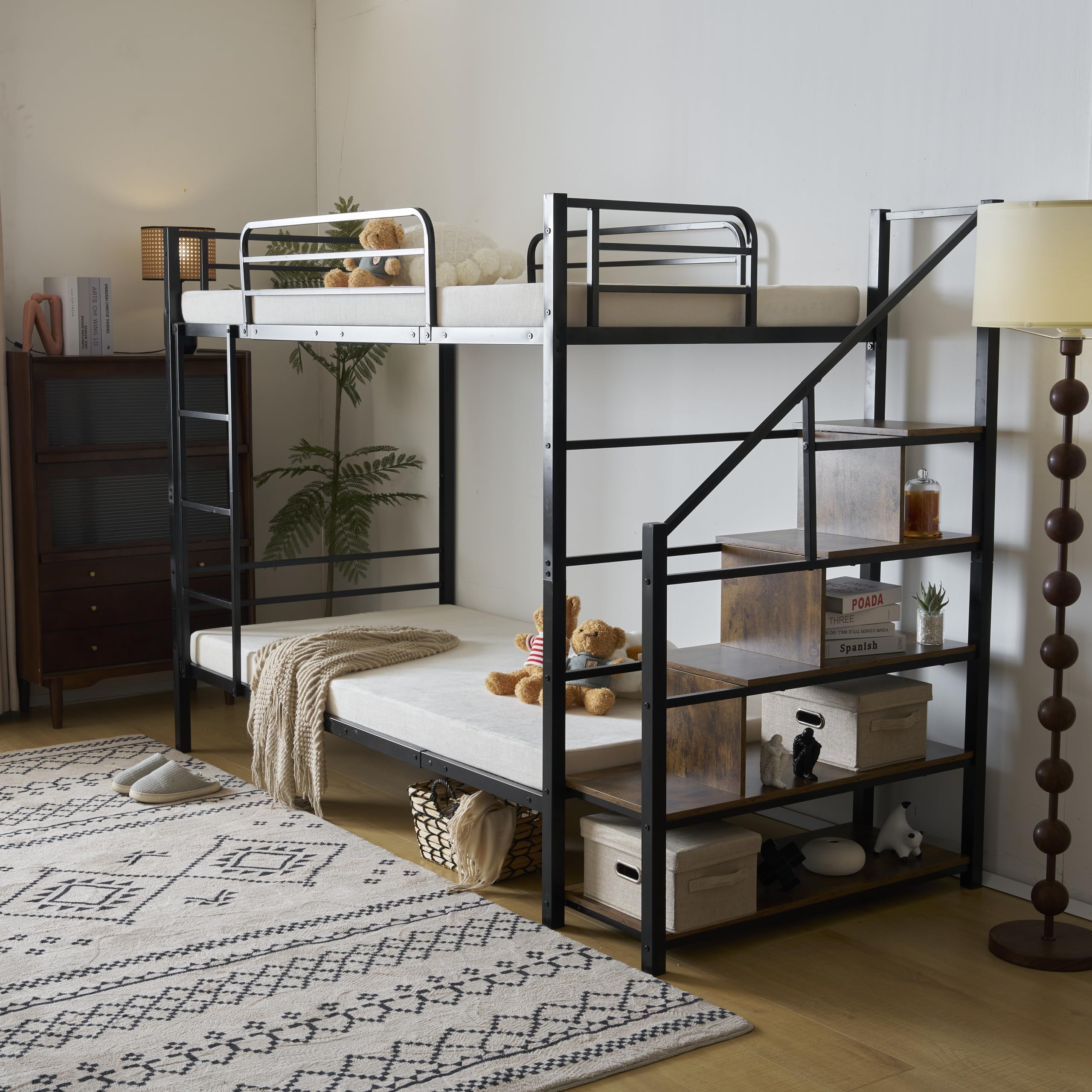 Amazon.co.jp: ブラック ロフトベッド 片側手すり付き 収納付き パイプ  