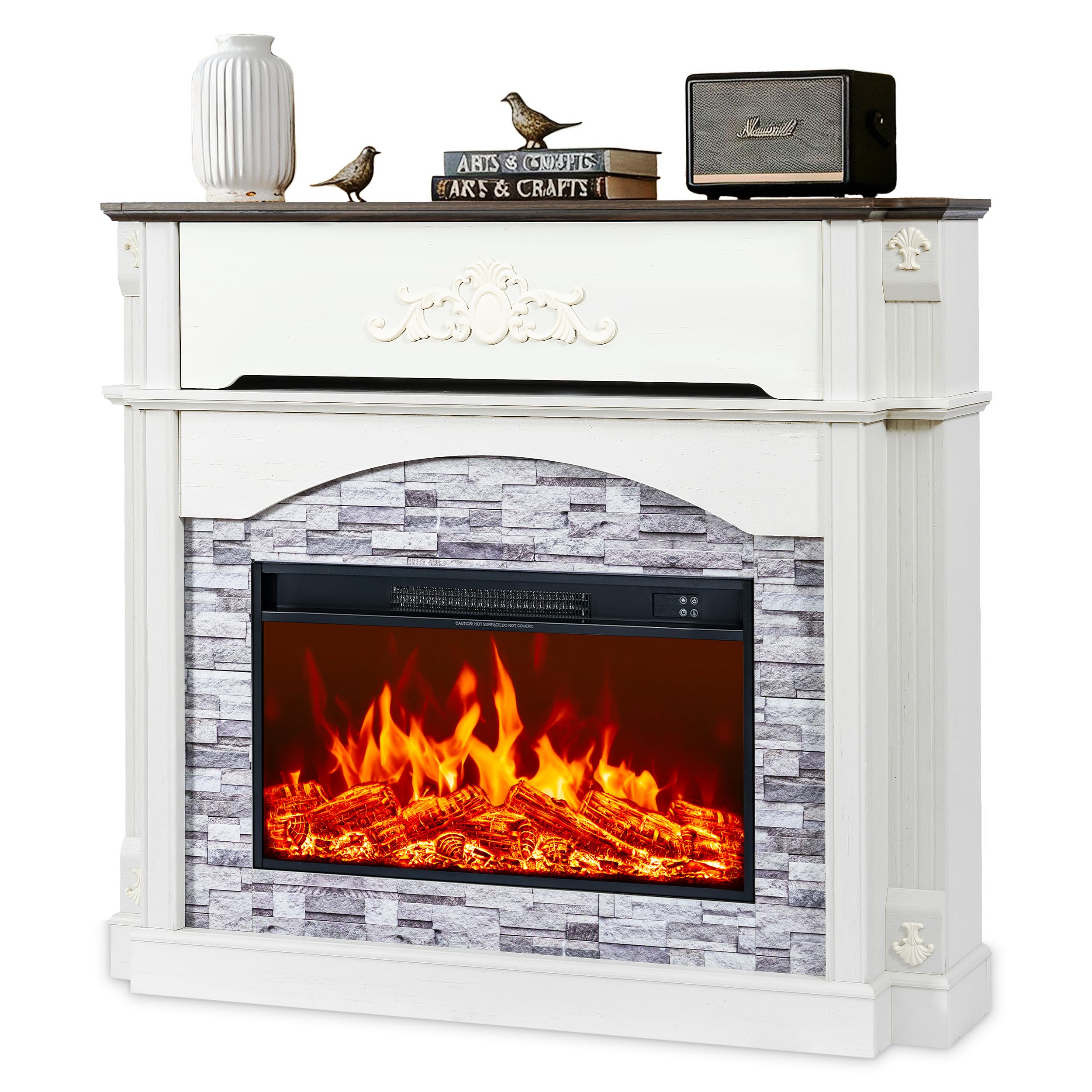 51" Electric Fireplace with Mantel, 45" Tall Carved Farmhouse Entertainment Center TV Stand with Storage Cubby and 30'' Freestanding Electric Fireplace for Living Room, White