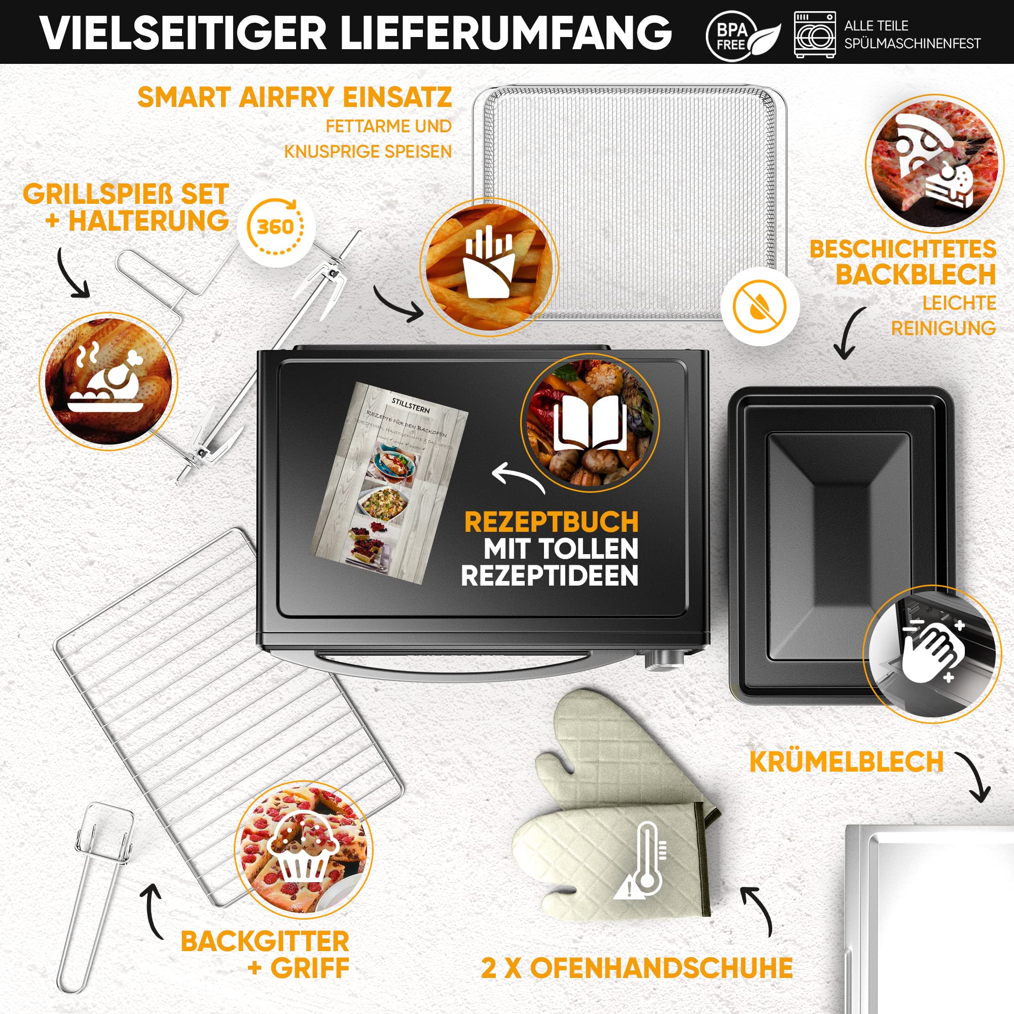 Stillstern Minibackofen mit Umluft 45L (DE Version) Pizza Ø32, CYCLONE PRO+ Antihaftbeschichtung, Auftauen, 2h Timer, Camping Mini Backofen Umluft Pizzaofen Mini Ofen klein Hähnchengrill mit Drehspieß