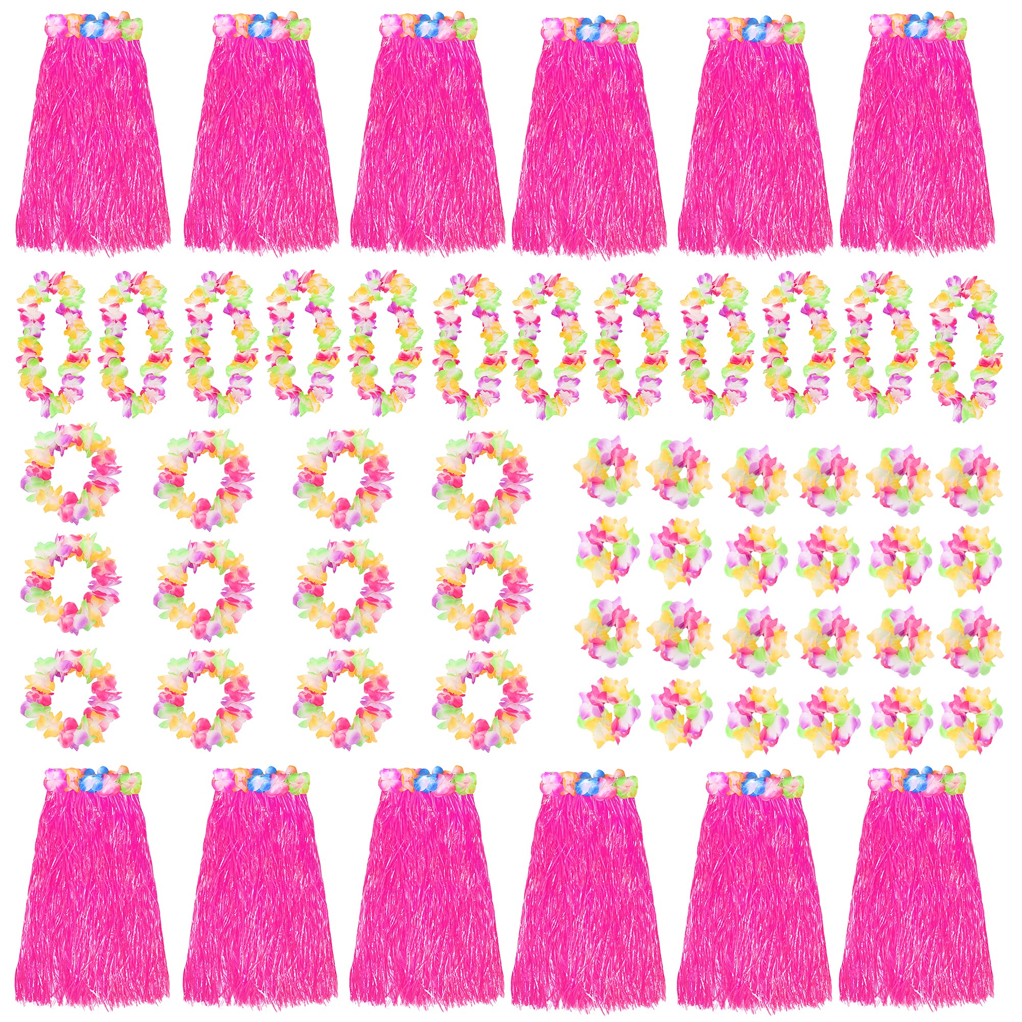 Pink Hawaiian Hula Skirt and Multicoloured Lei Set X12 - Flower Necklace, Headband and Bracelet - 80cm Grass Hula - Luau - Fancy Dress Costume Accessory