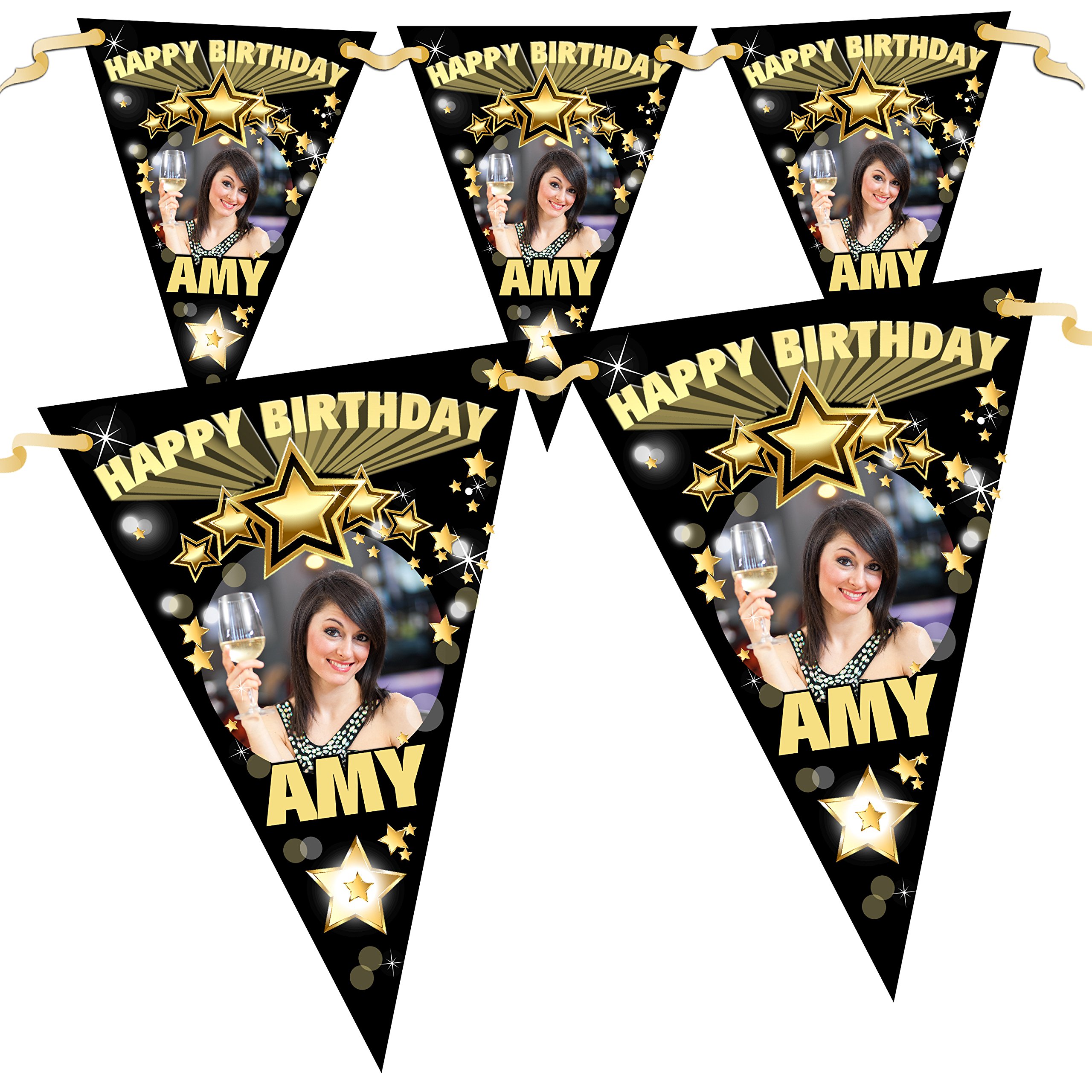 The Personalised Party Company Gold,Black Personalised Black & Gold Stars Birthday Party Photo Flag Banner Bunting N68-10 Flags Inc Ribbon 18Th 21St 30Th 40Th 50Th Any Age!