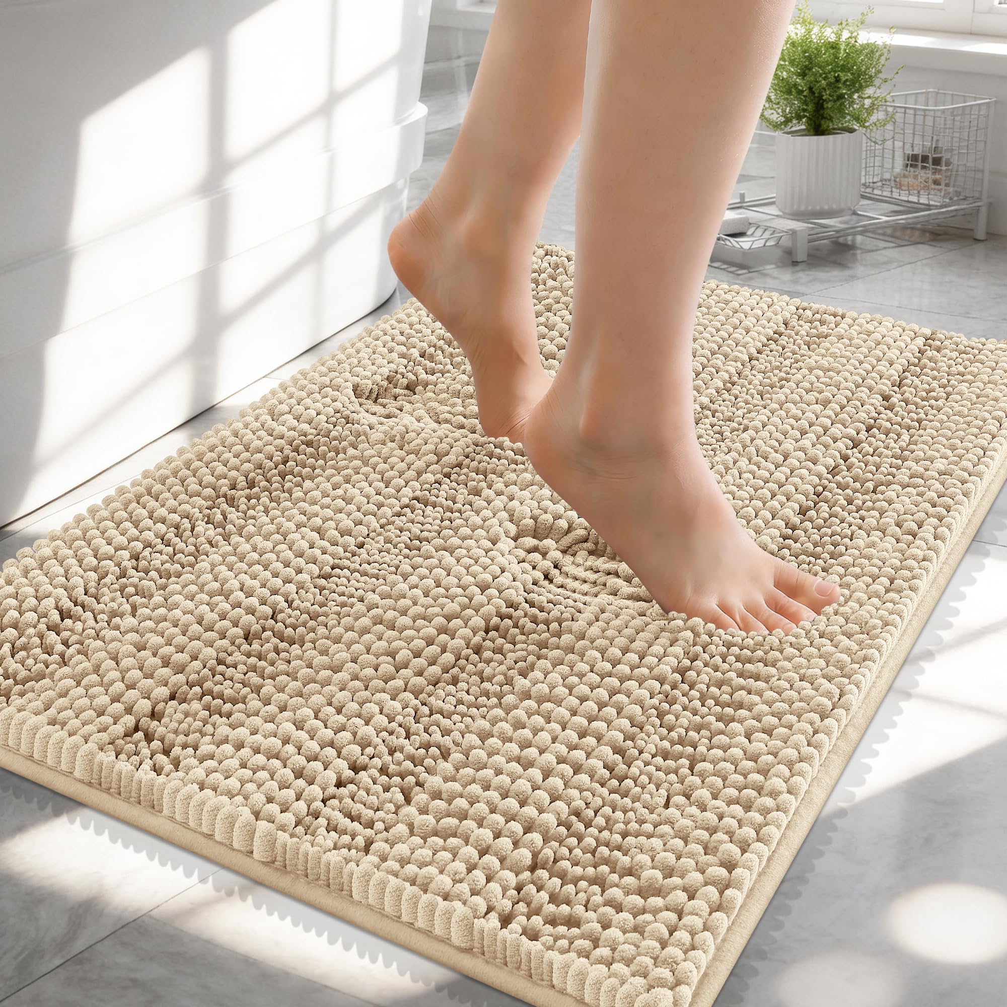 OLANLY Thick Small Bathroom Rugs 24x16, Soft Chenille Bath Rugs, Beige