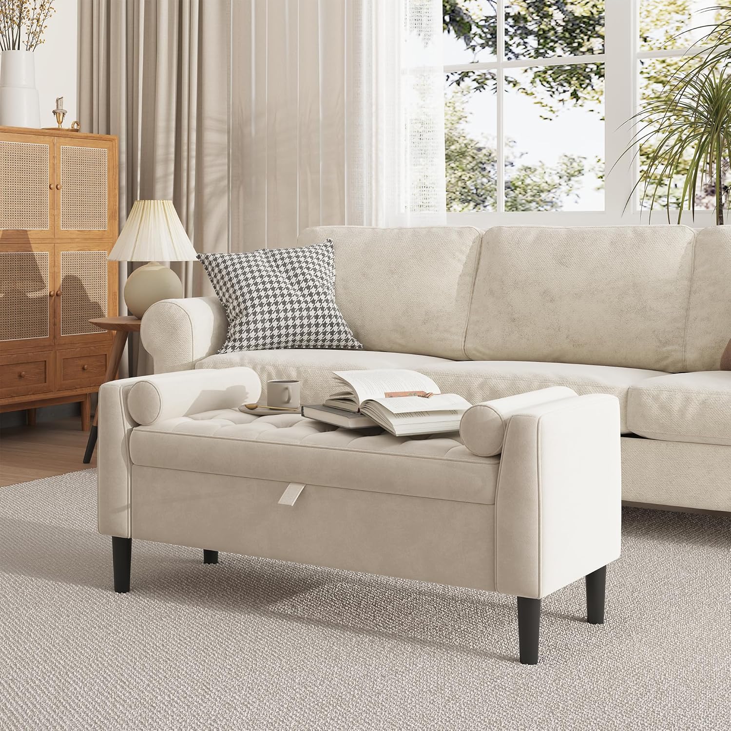 46.5" Storage Ottoman Bench,Entryway Shoe Bench,Upholstered End-of-Bed Storage Chest,Footrest Seat,Storage Stool with Rolled Armrests & Wood Legs for Hallway,Bedroom, Living Room & Cloakroom (Beige)