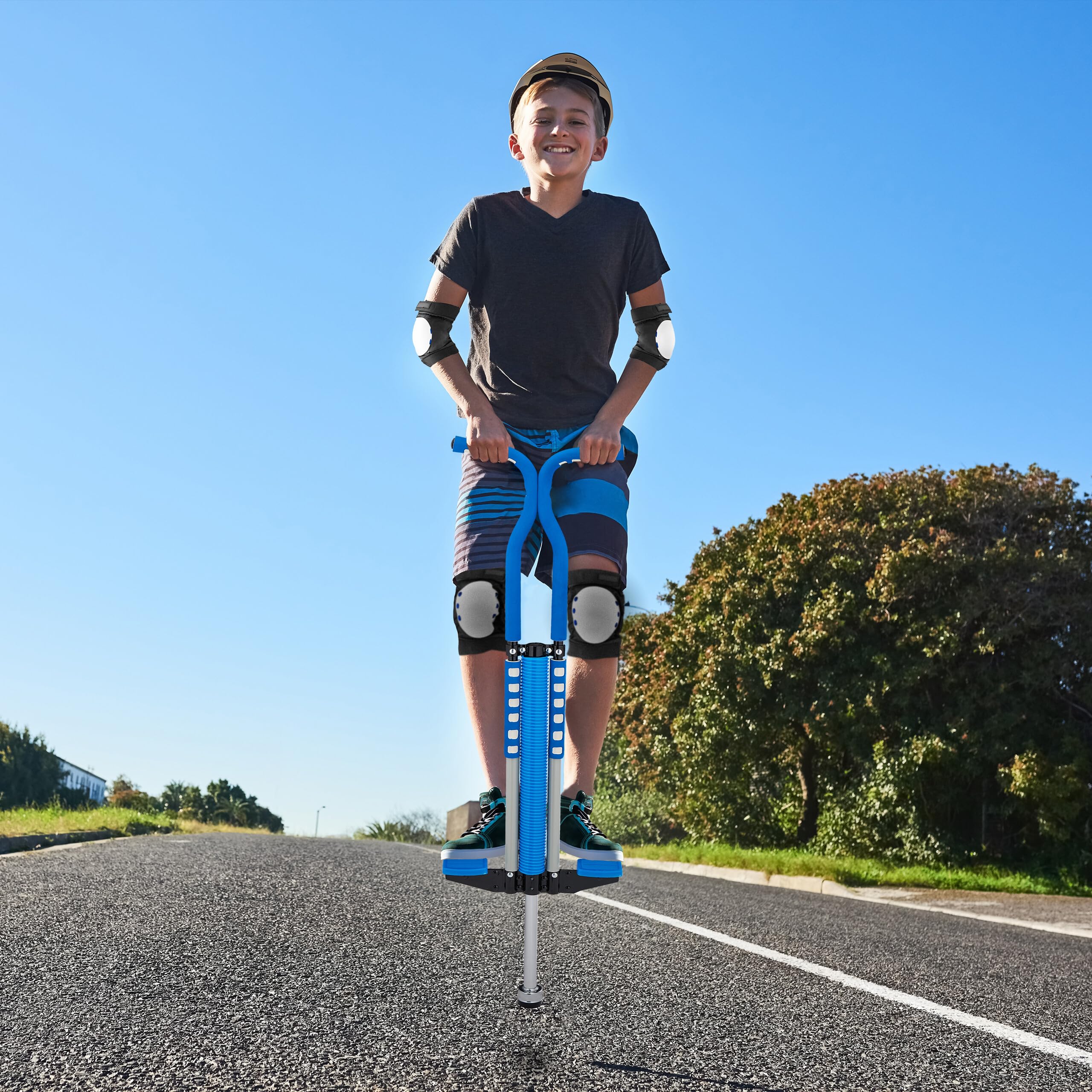 Relaxdays Salterello per Bambini, Pogo Stick, Bastone Salta-Salta, regge 60 kg, Impugnatura Imbottita, Acciaio Inox, Blu