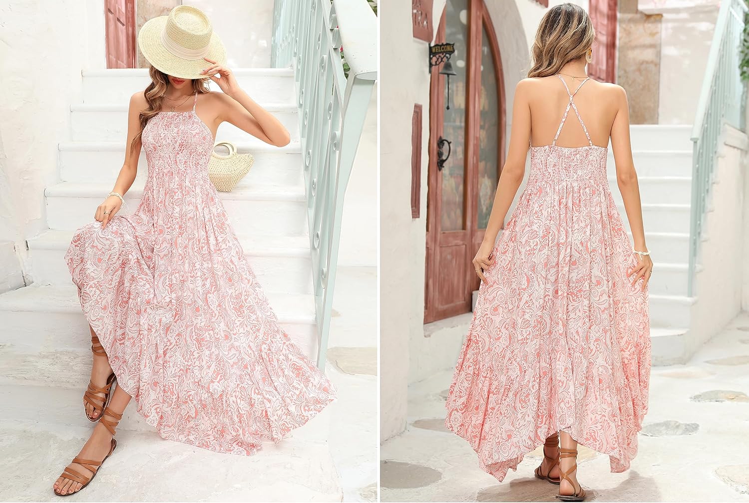 R.Vivimos Women's Summer Maxi Dress Spaghetti Strap Boho Floral Print Smocked Backless Casual Ruffle Flowy Long Dresses - Image 5