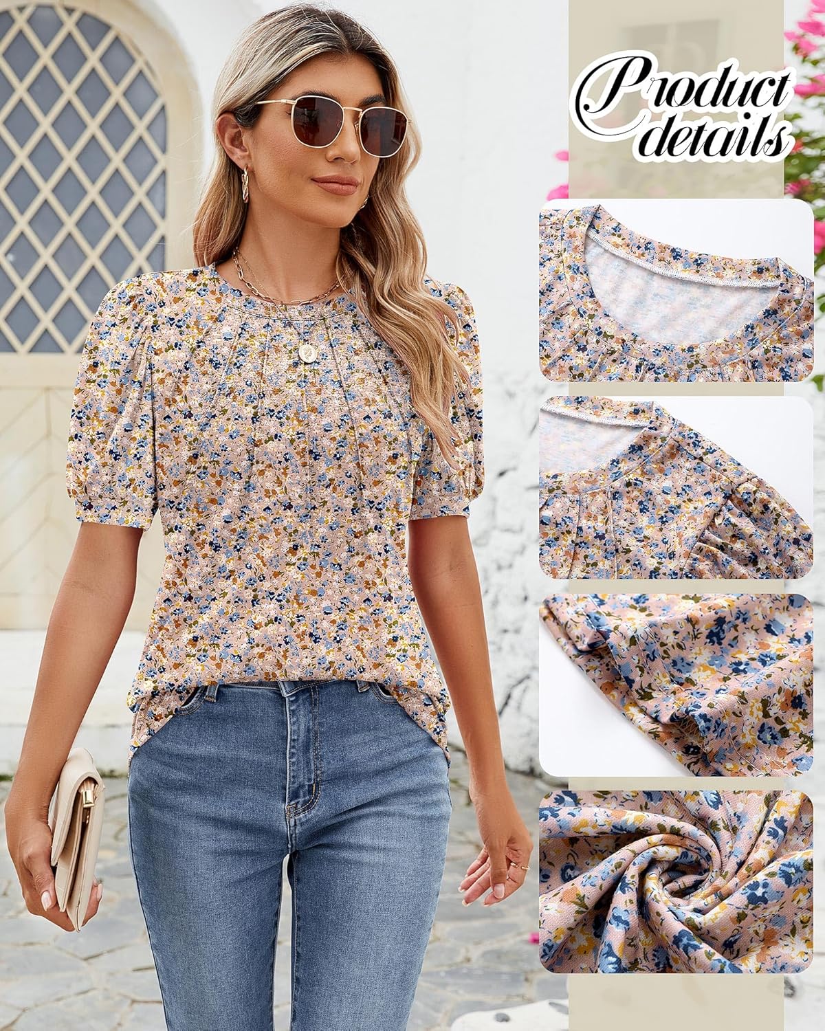 Riyiper Women's Short Sleeve Pleated Tops Crew Neck Puff Sleeve Spring Blouses Tunic Top Summer Dressy Casual T Shirt - Image 5