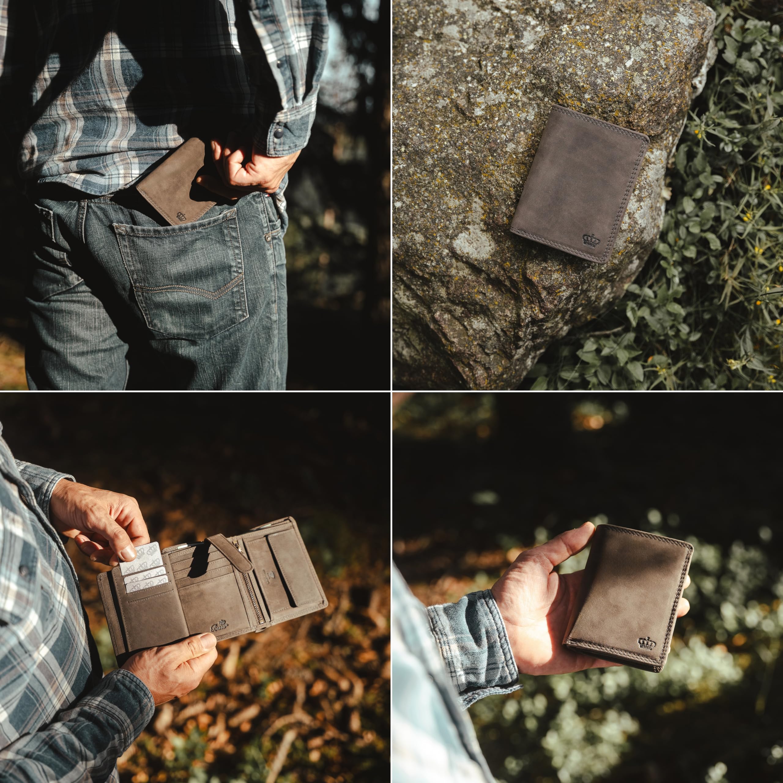 Baur portafoglio da uomo – vera pelle di bufalo con protezione RFID – portafoglio grande verticale con 12 scomparti carte e ampio scomparto monete (Formato verticale con bottone interno, Grigio)