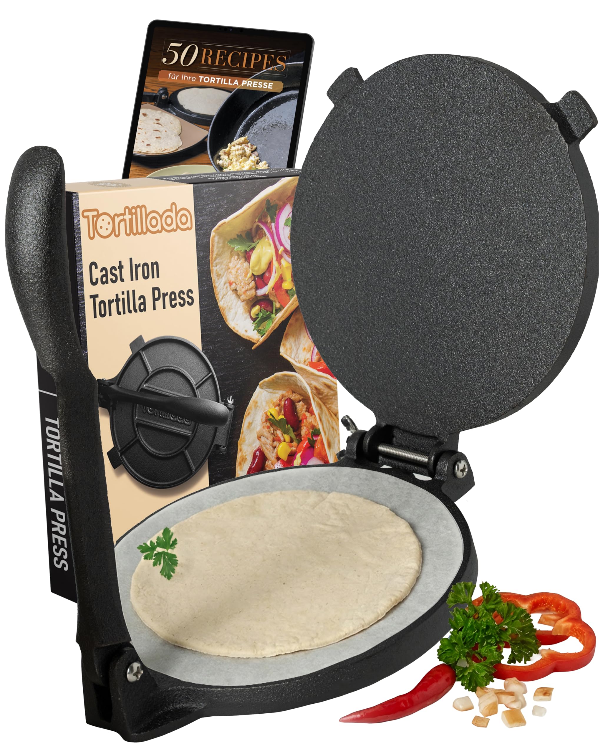 Tortillada - Tortilla Presse/Quesadilla, Roti Maker aus Gusseisen mit Rezepten inkl. E-Book mit 50 Tortilla Rezepten (20 cm)
