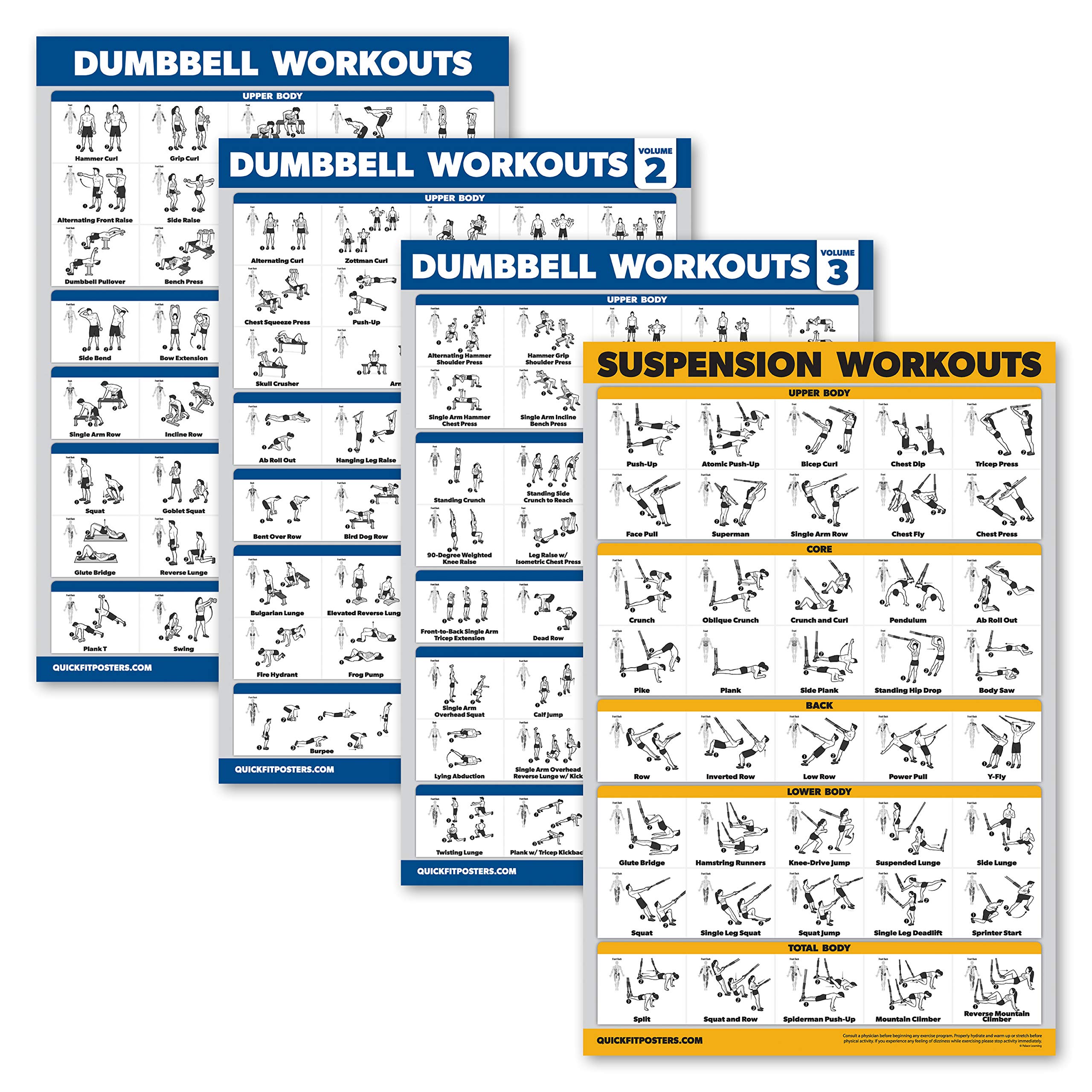 Palace Learning 4 Pack - Dumbbell Workout Posters Volume 1, 2 & 3 + Suspension Exercise Chart - Set of 4 Posters