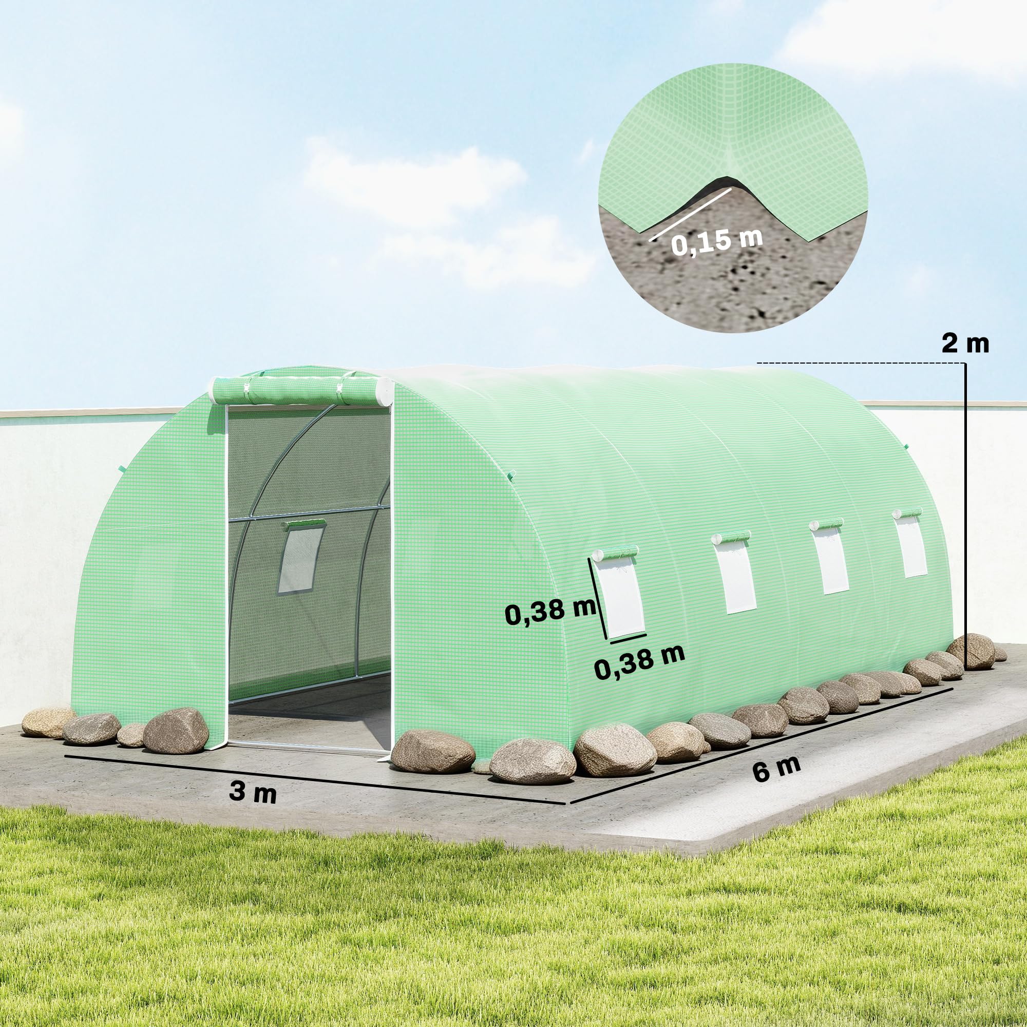 Outsunny Foliengewächshaus begehbares Polytunnel 6 x 3 m Gewächshaus mit 8 Fenster Treibhaus Frostschutz Stahlrohr Dunkelgrün