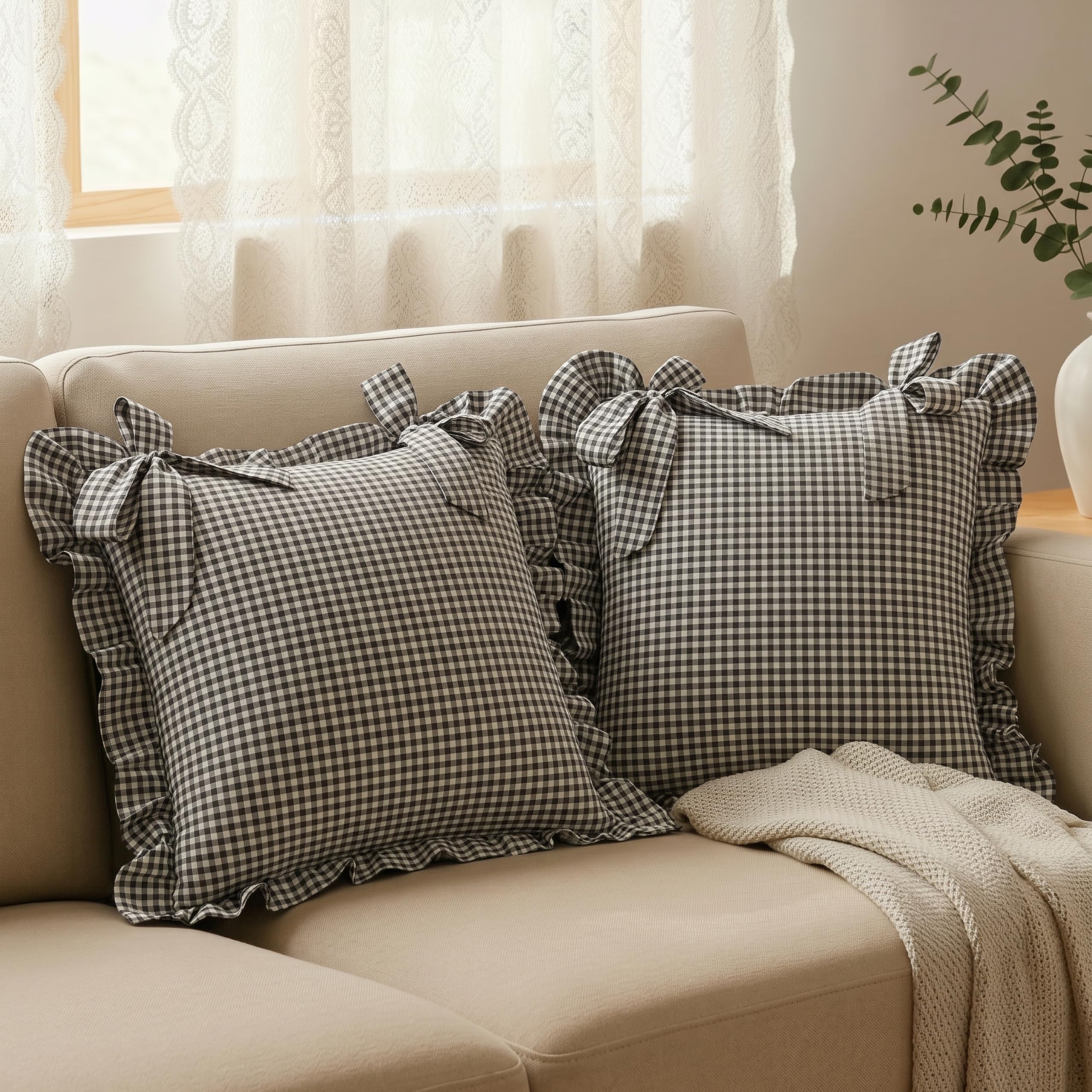 Sleepy Threads Cotton Grey & White Cushion Covers – Set of 2 | 16x16 inch/ 40x40 cm | Checkered Pattern with Frilled Borders – Decorative Throw Cushion Covers for Sofa, Couch, Living Room, Deewan-image-21