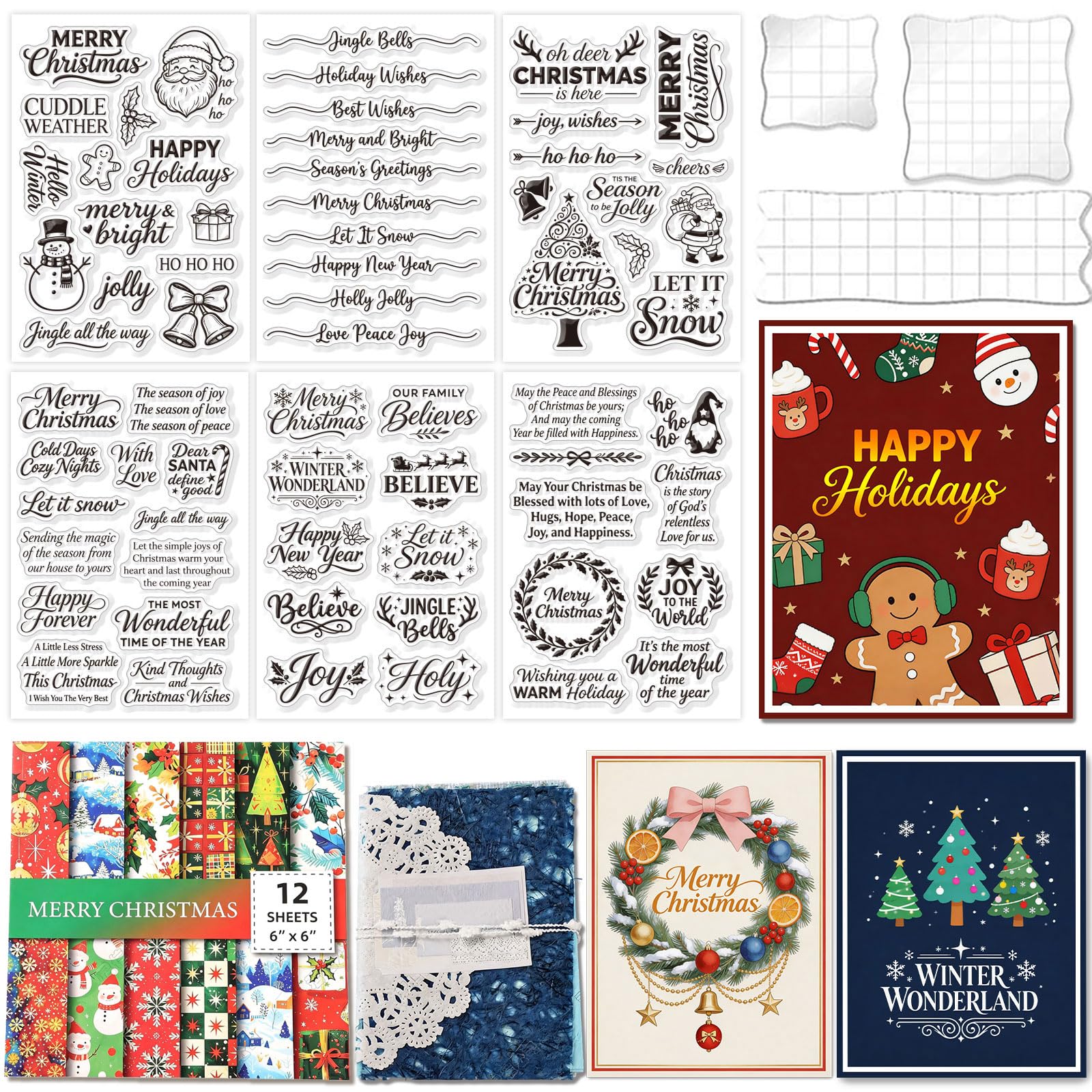 GLOBLELAND 6 Sheets Christmas Greetings Clear Stamps Set with 3 Pcs Acrylic Blocks and 2 Style Scrapbook Papers for Card Making DIY Scrapbooking Photo Album Decor