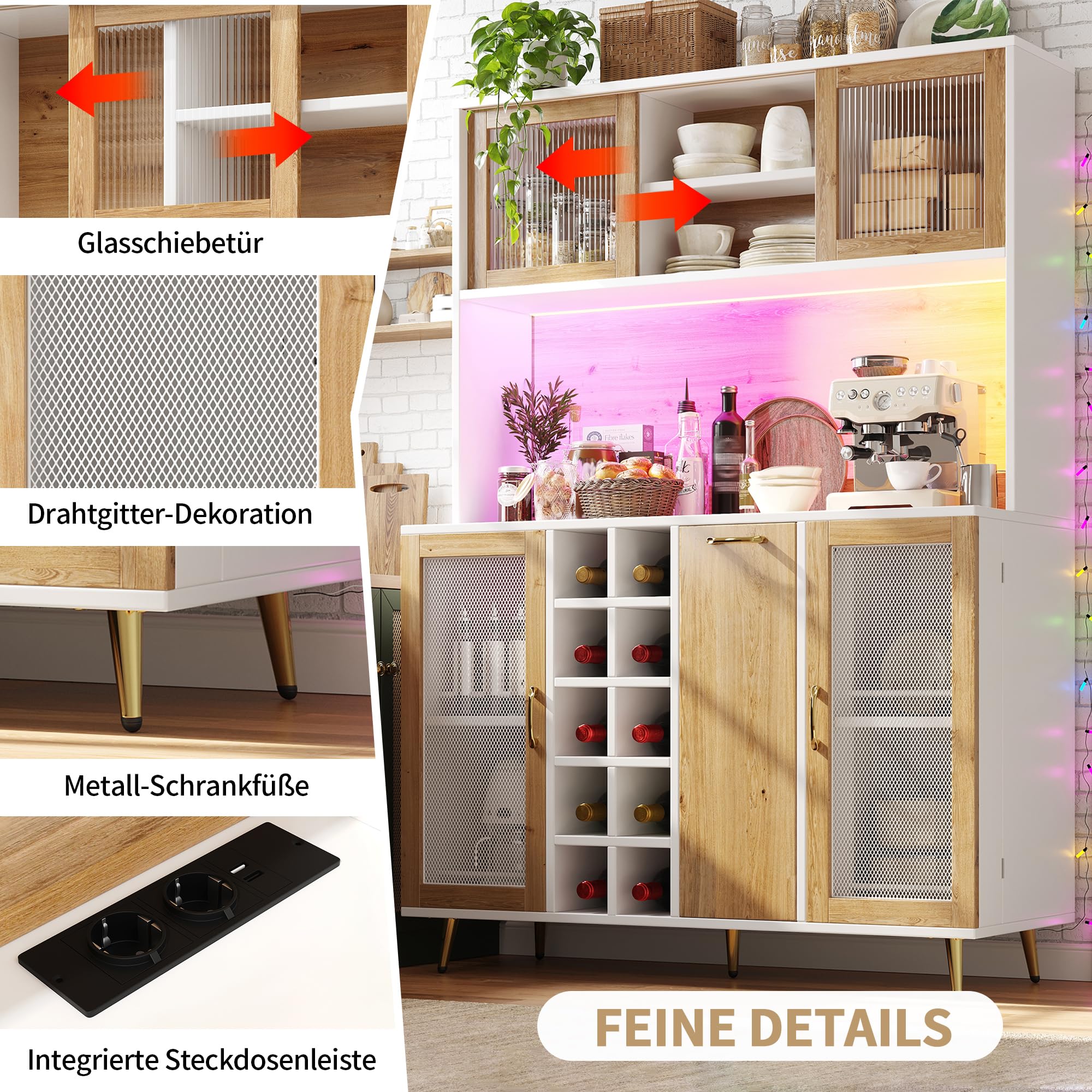 Multifunktions-Küchenschrank mit LED-Beleuchtung und Integrierte Steckdose, Hochschrank mit Weinregal und Snackregal, Buffetschrank mit 5 Türen und Offene Regale, Weiß-C, 120x40x170 cm